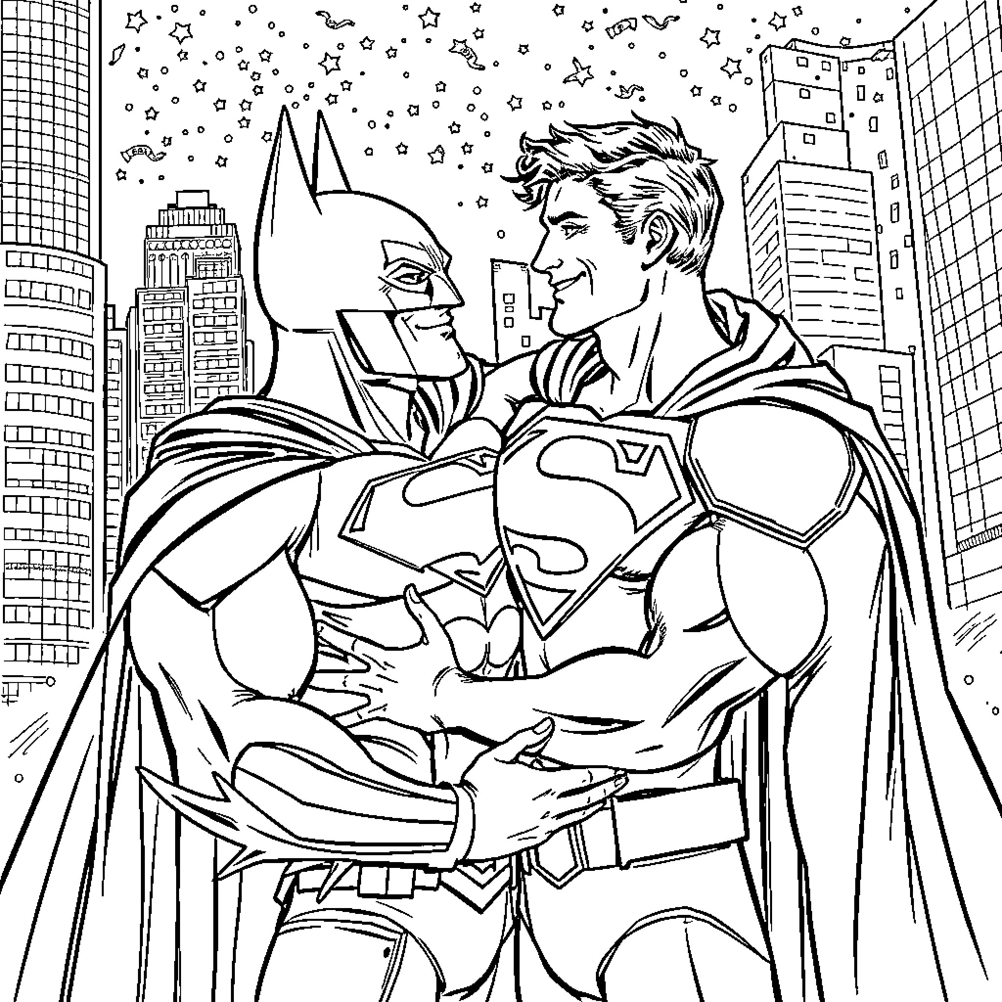 Batman and Superman in an iconic handshake Coloring Page (free black-and-white line drawing printable PDF for all, from beginners to advanced learners, including children, teens, adults, and seniors)