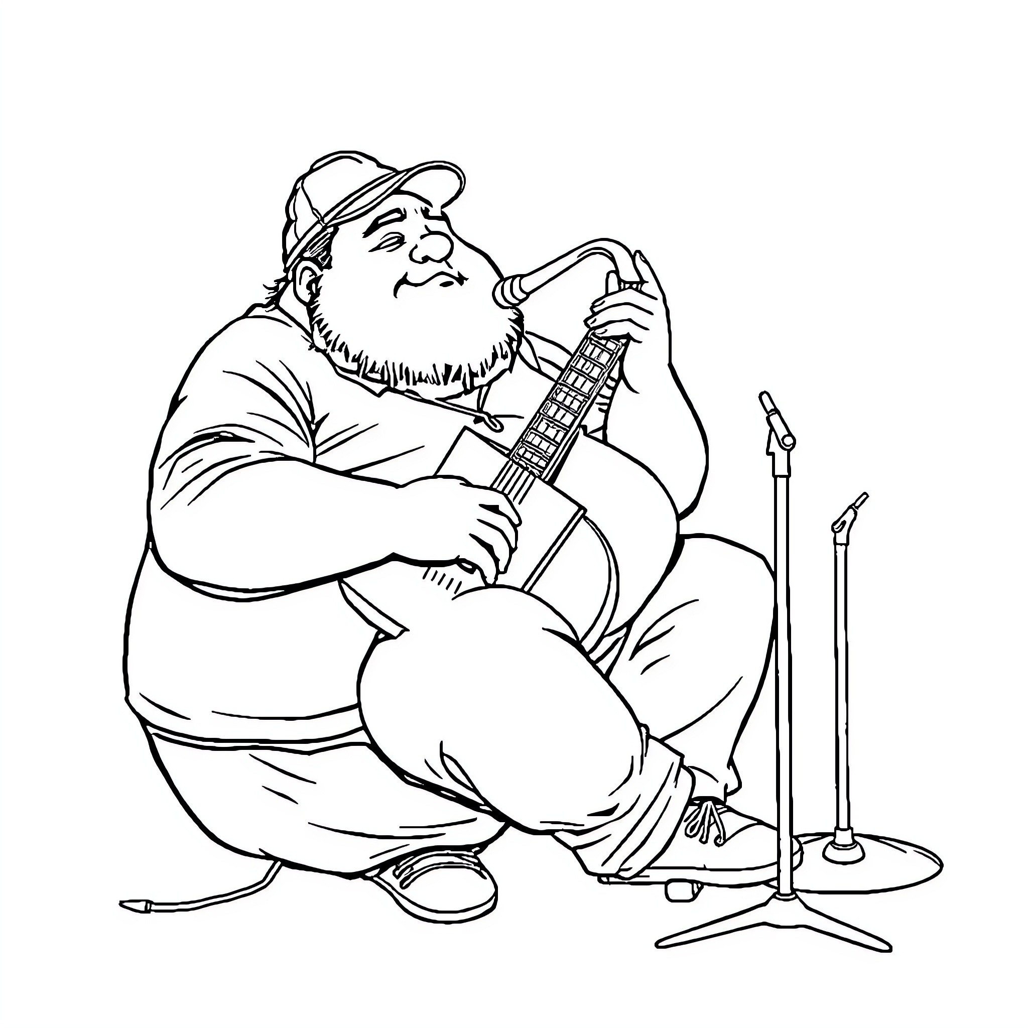 Soloist playing acoustic guitar on stage Coloring Page (free black-and-white line drawing printable PDF for all, from beginners to advanced learners, including children, teens, adults, and seniors)