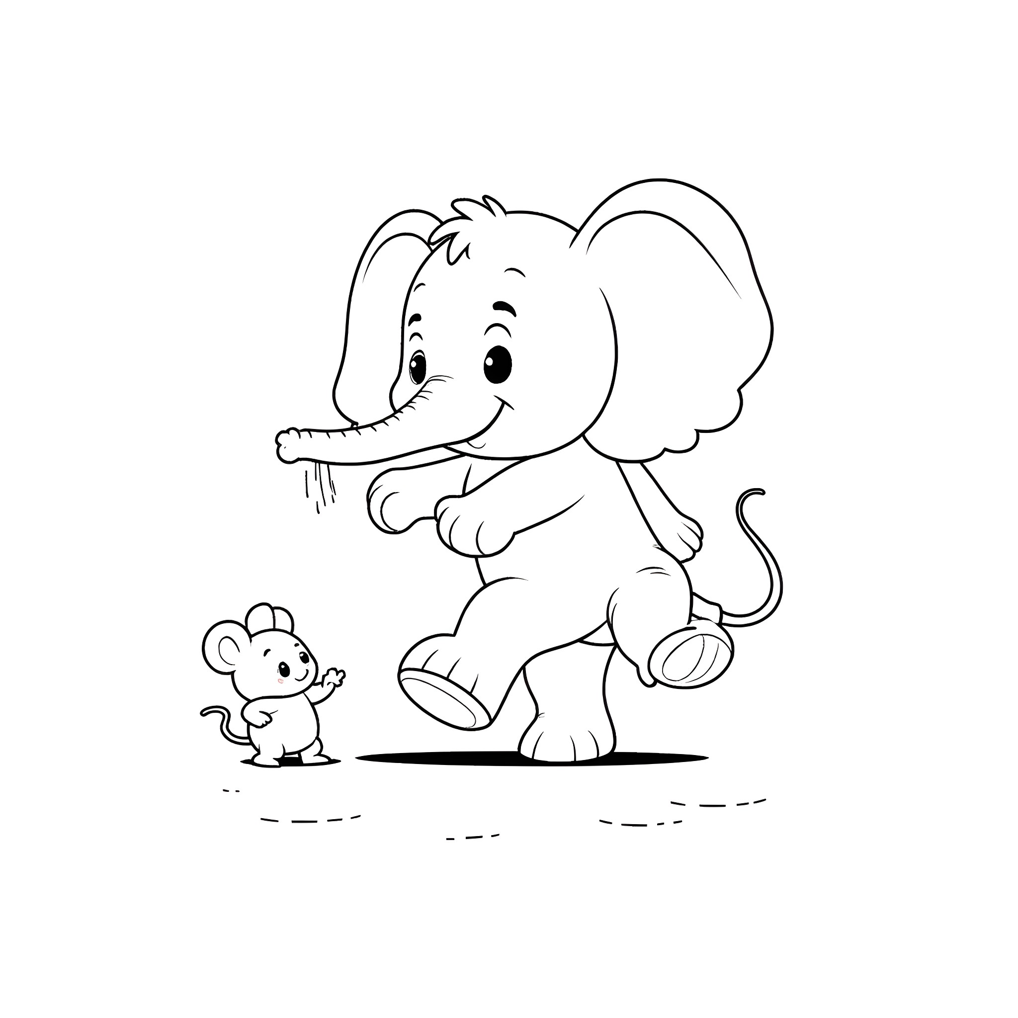 Elephant exploring with a small mouse companion Coloring Page (free black-and-white line drawing printable PDF for all, from beginners to advanced learners, including children, teens, adults, and seniors)