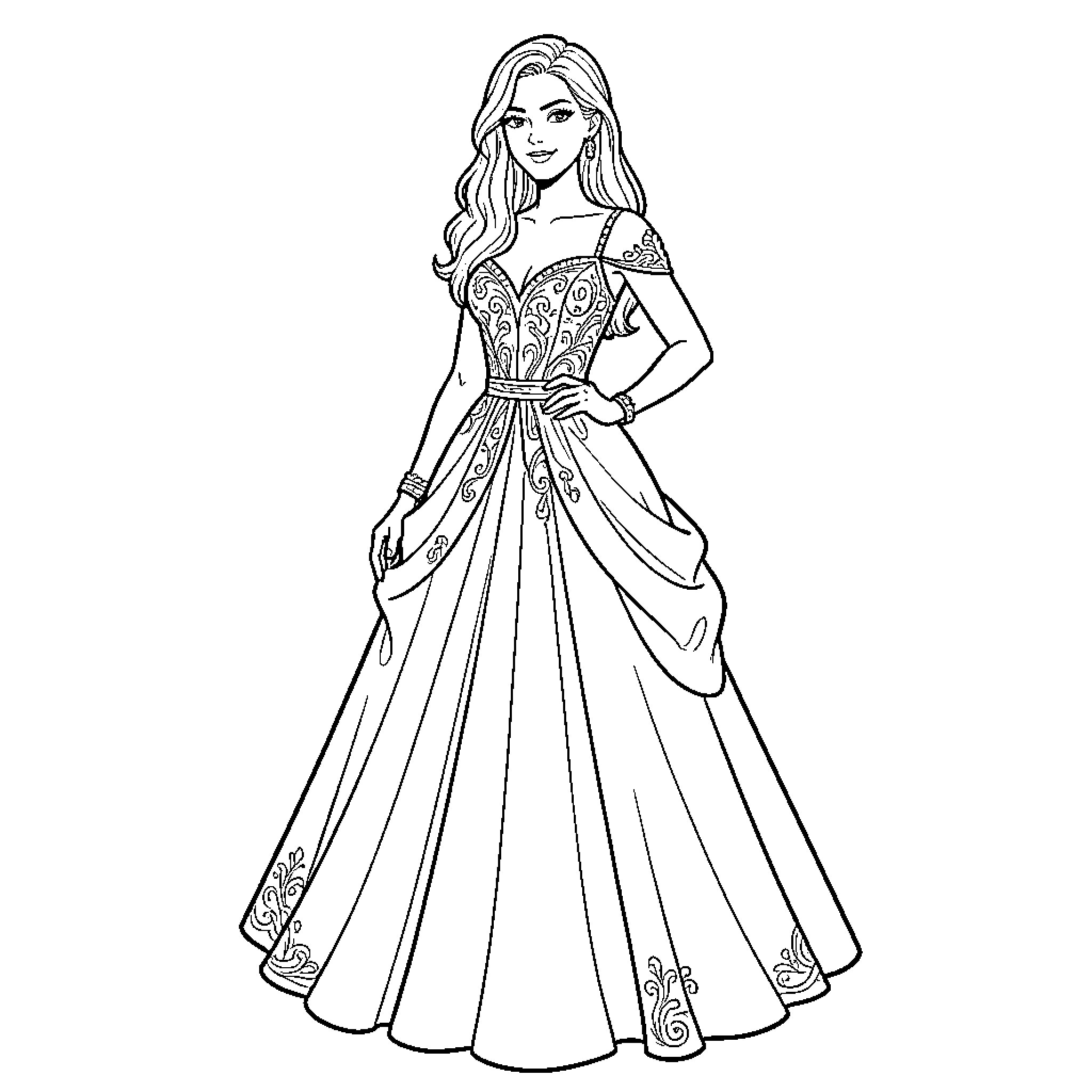 Daniela's Elegant Gown Showcase Coloring Page (free black-and-white line drawing printable PDF for all, from beginners to advanced learners, including children, teens, adults, and seniors)