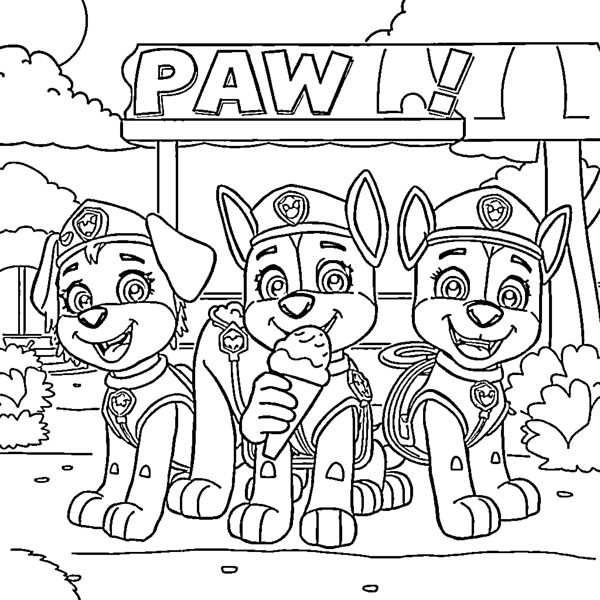 Paw Patrol characters on patrol in the outdoors Coloring Page (free black-and-white line drawing printable PDF for all, from beginners to advanced learners, including children, teens, adults, and seniors)