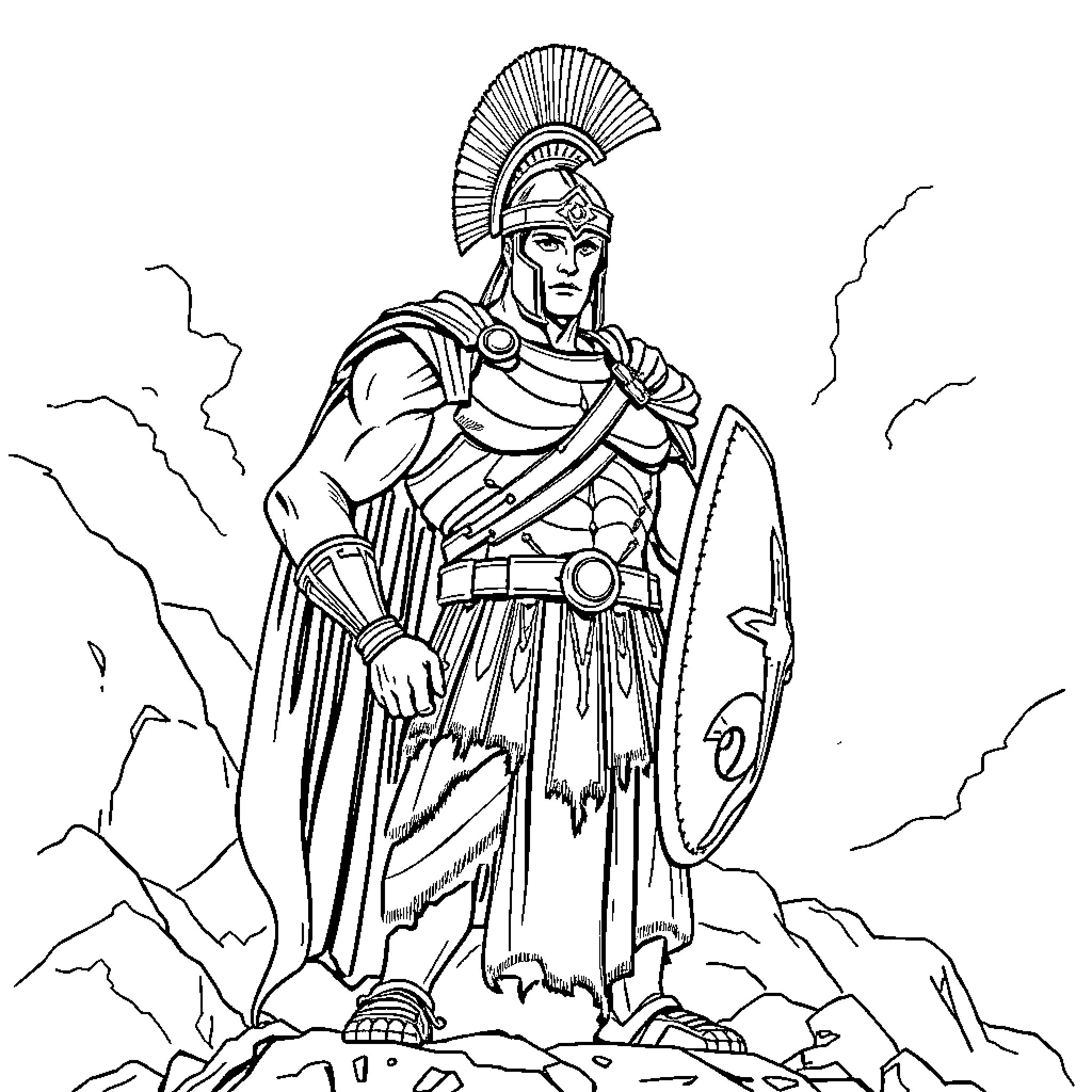 Achilles Portrayed in Heroic Warrior Stance Coloring Page (free black-and-white line drawing printable PDF for all, from beginners to advanced learners, including children, teens, adults, and seniors)