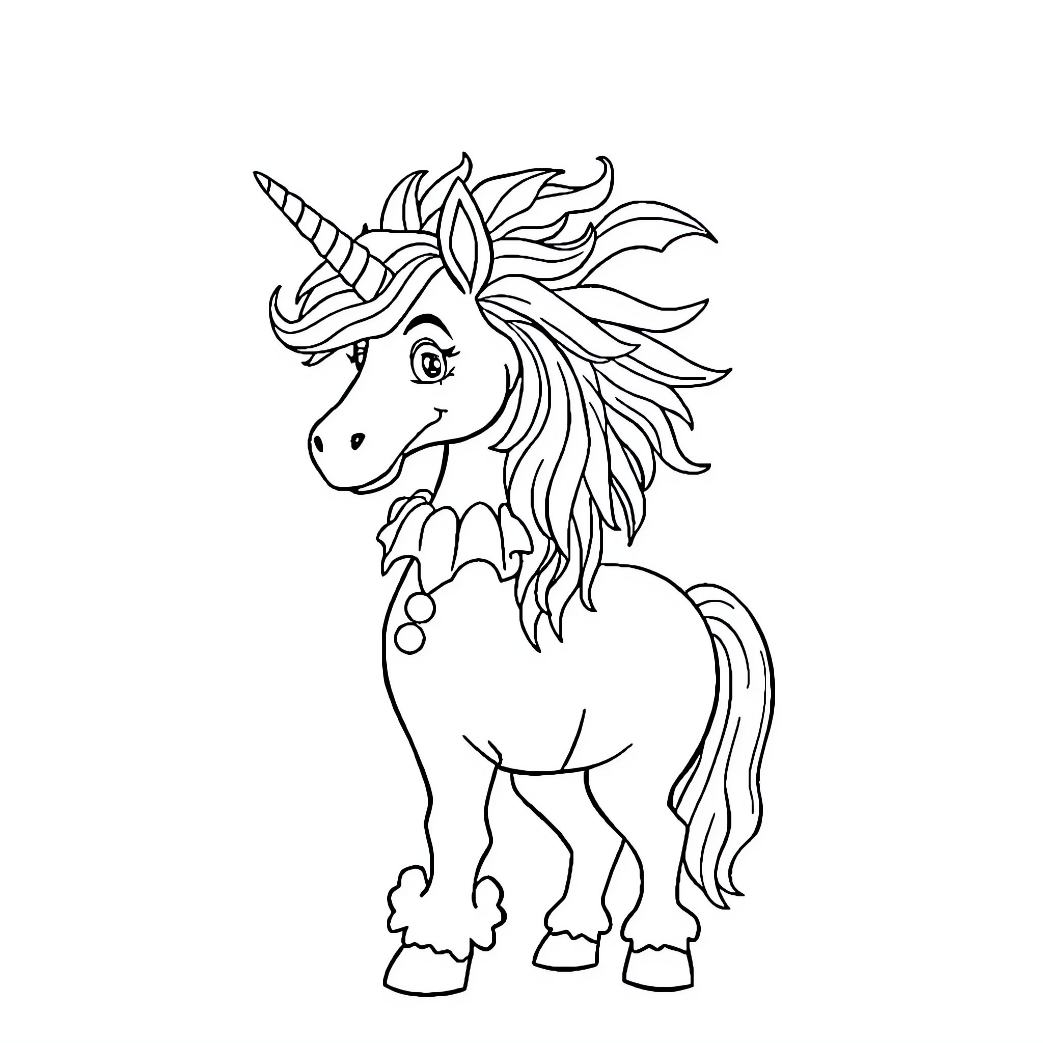 Unicorn posing with a friendly expression Coloring Page (free black-and-white line drawing printable PDF for all, from beginners to advanced learners, including children, teens, adults, and seniors)