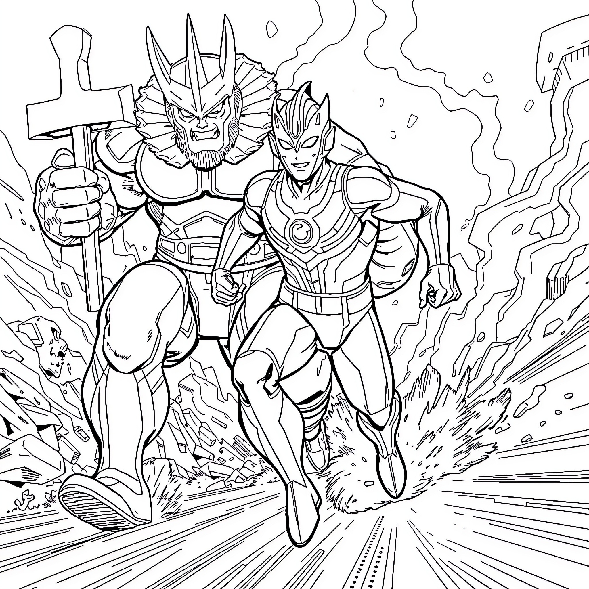 Ultraman heroes in action pose with powers Coloring Page (free black-and-white line drawing printable PDF for all, from beginners to advanced learners, including children, teens, adults, and seniors)