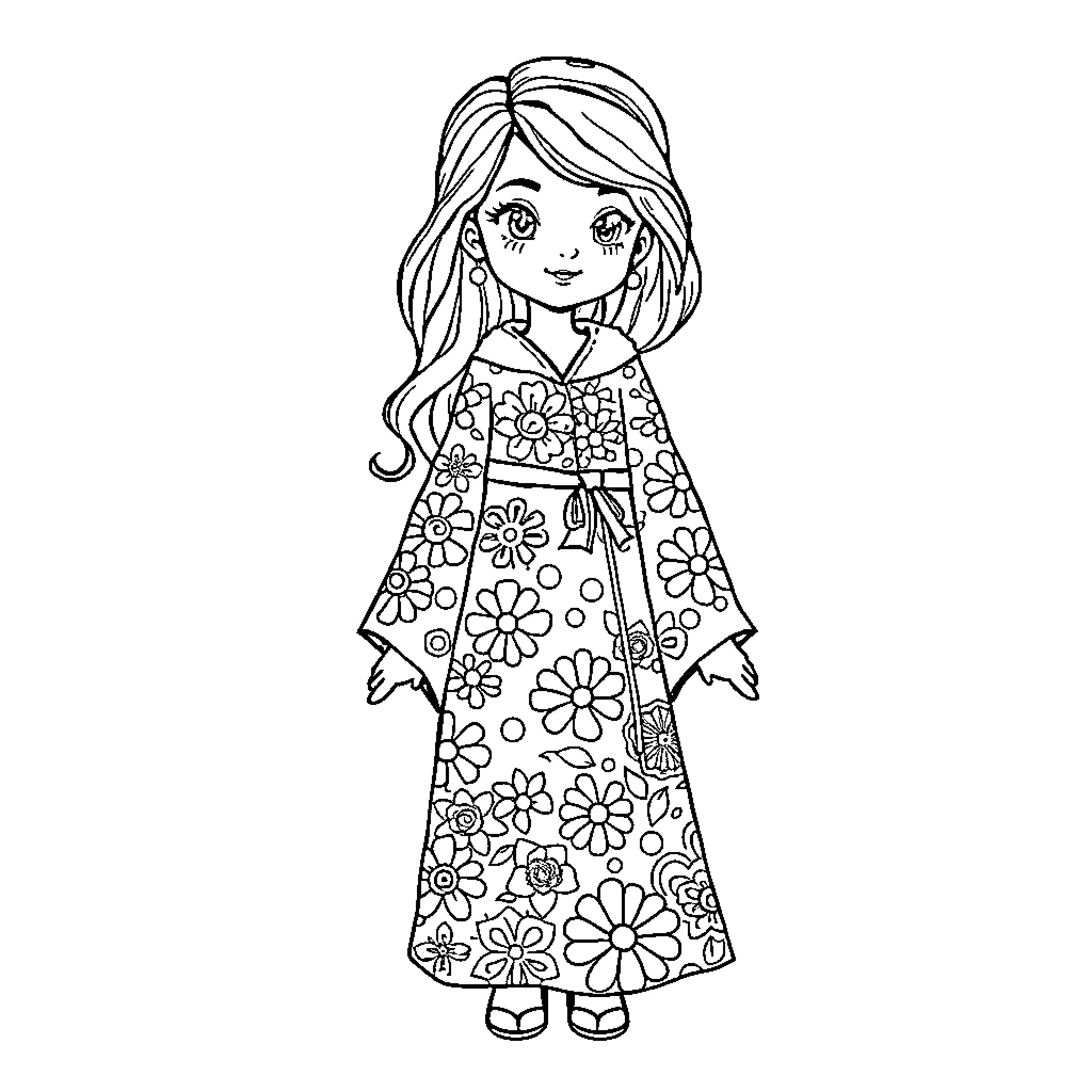 Girl in Flower Dress Smiling Happily Coloring Page (free black-and-white line drawing printable PDF for all, from beginners to advanced learners, including children, teens, adults, and seniors)