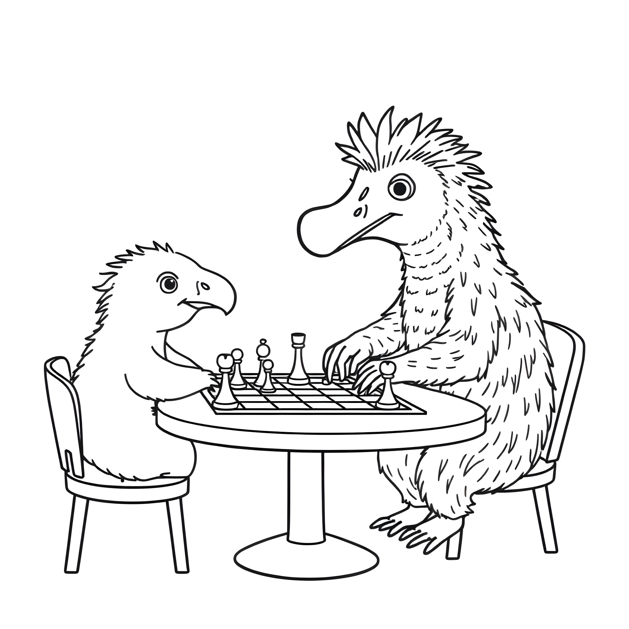 Platypus playing chess with a companion Coloring Page (free black-and-white line drawing printable PDF for all, from beginners to advanced learners, including children, teens, adults, and seniors)