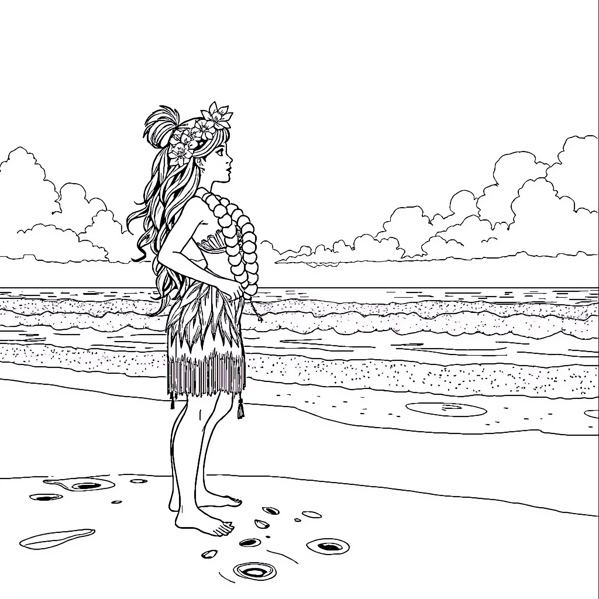 Vaiana exploring the beach with nature Coloring Page (free black-and-white line drawing printable PDF for all, from beginners to advanced learners, including children, teens, adults, and seniors)
