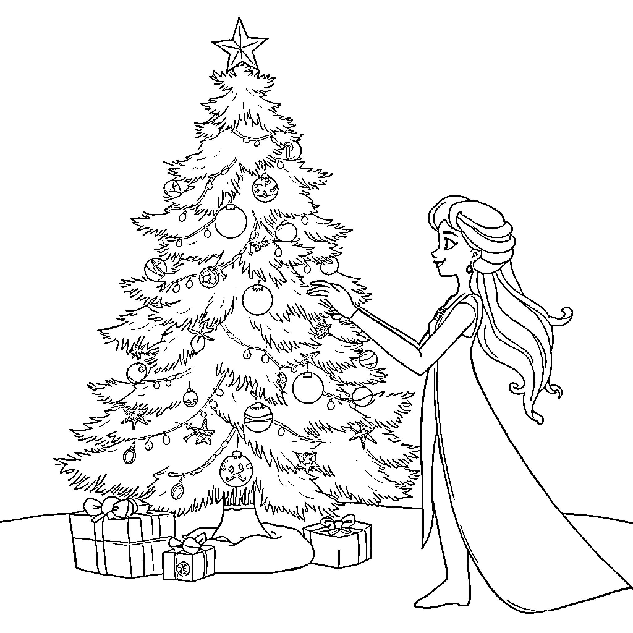 Elsa decorating the Christmas tree Coloring Page (free black-and-white line drawing printable PDF for all, from beginners to advanced learners, including children, teens, adults, and seniors)