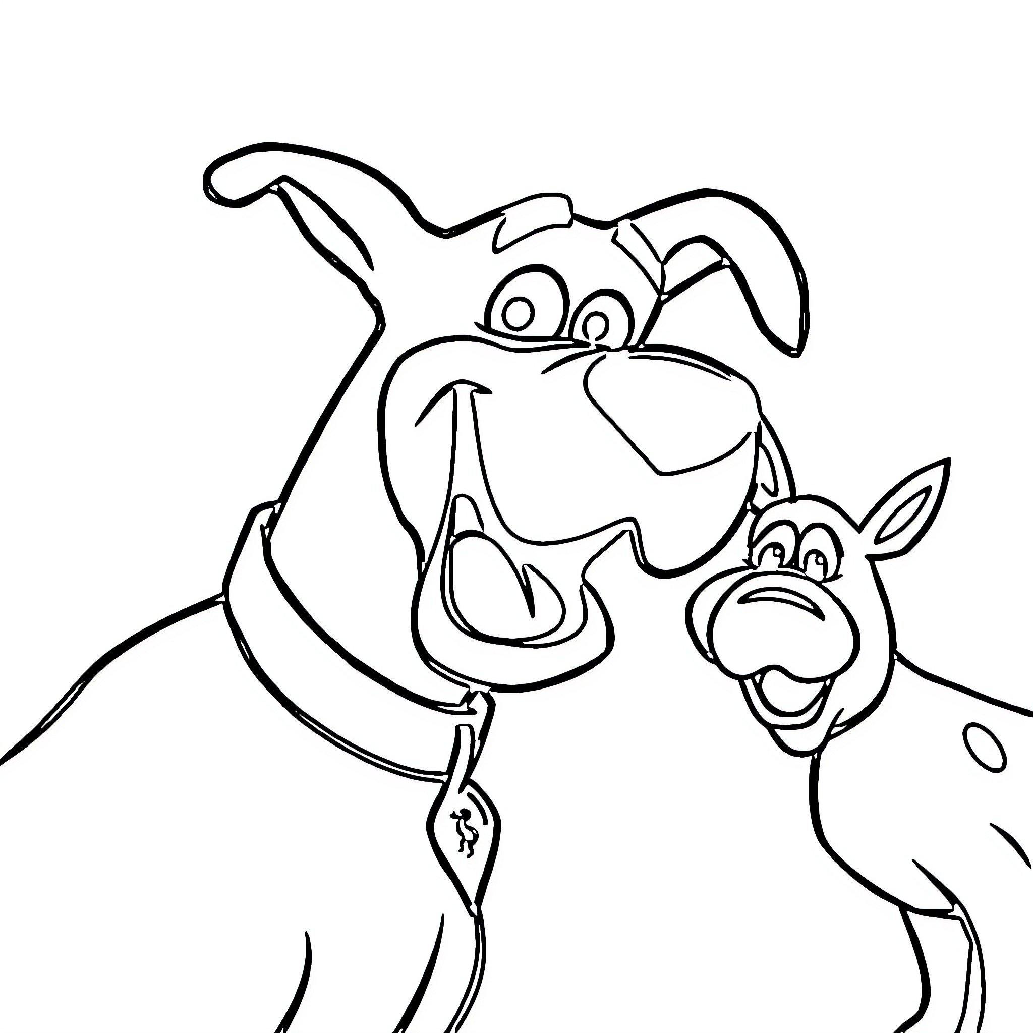 Scooby Doo and Scrappy Doo having fun together Coloring Page (free black-and-white line drawing printable PDF for all, from beginners to advanced learners, including children, teens, adults, and seniors)
