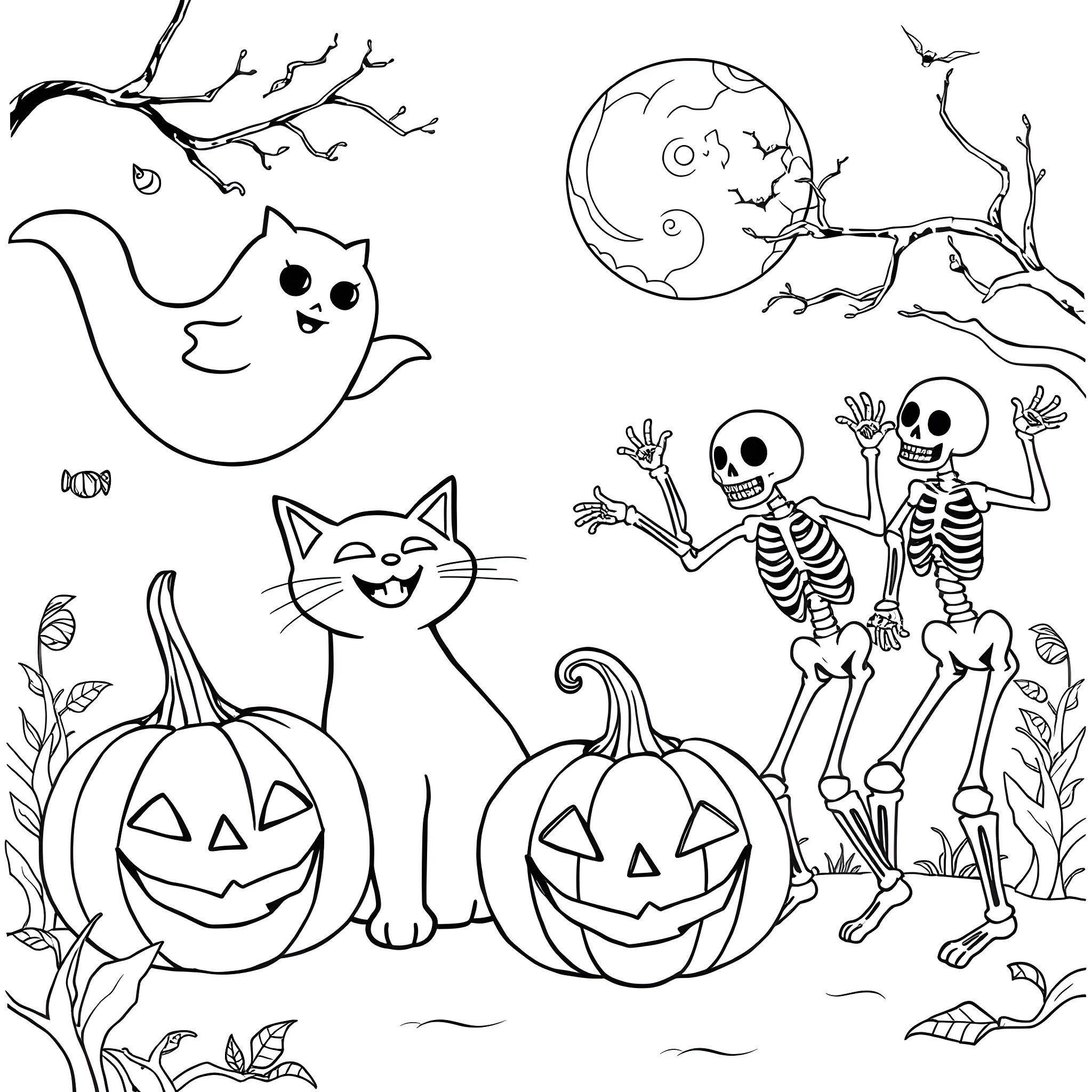 Halloween ghosts, skeletons, and cats in spooky scene Coloring Page (free black-and-white line drawing printable PDF for all, from beginners to advanced learners, including children, teens, adults, and seniors)