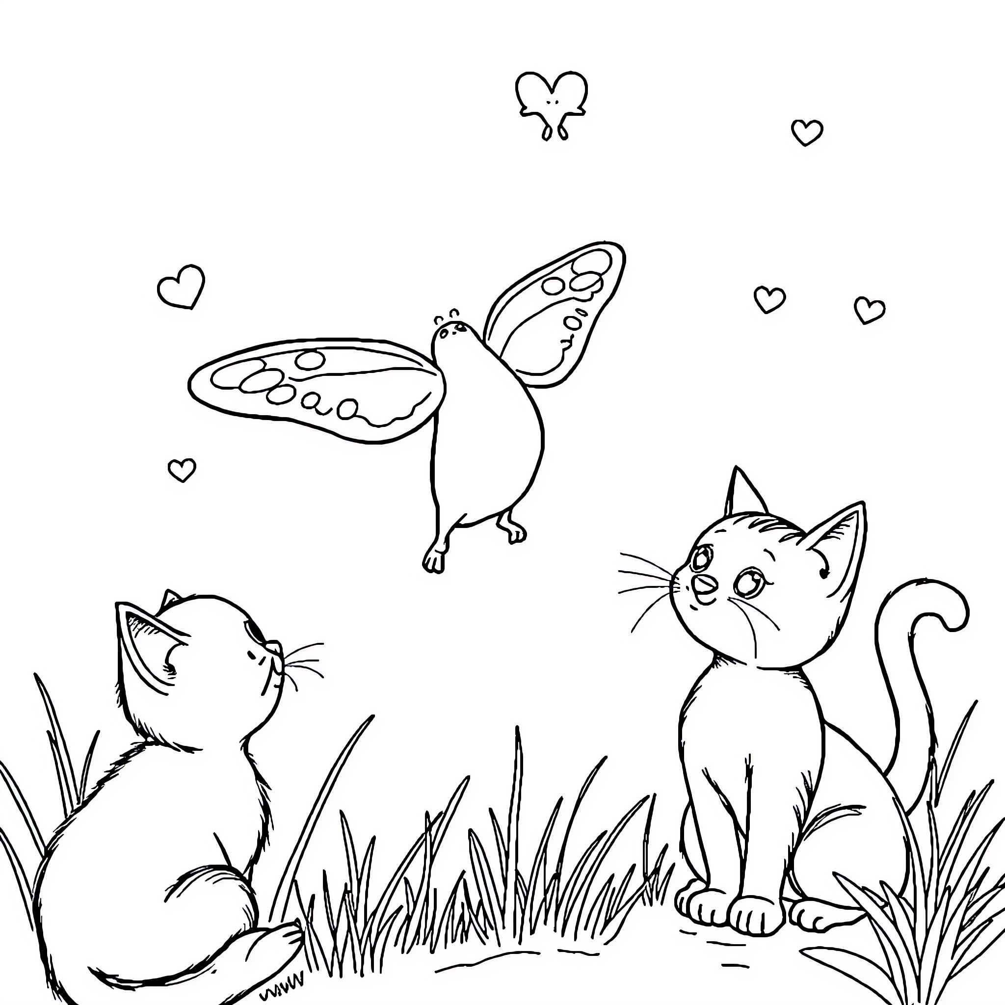 Ladybug and kittens exploring nature Coloring Page (free black-and-white line drawing printable PDF for all, from beginners to advanced learners, including children, teens, adults, and seniors)