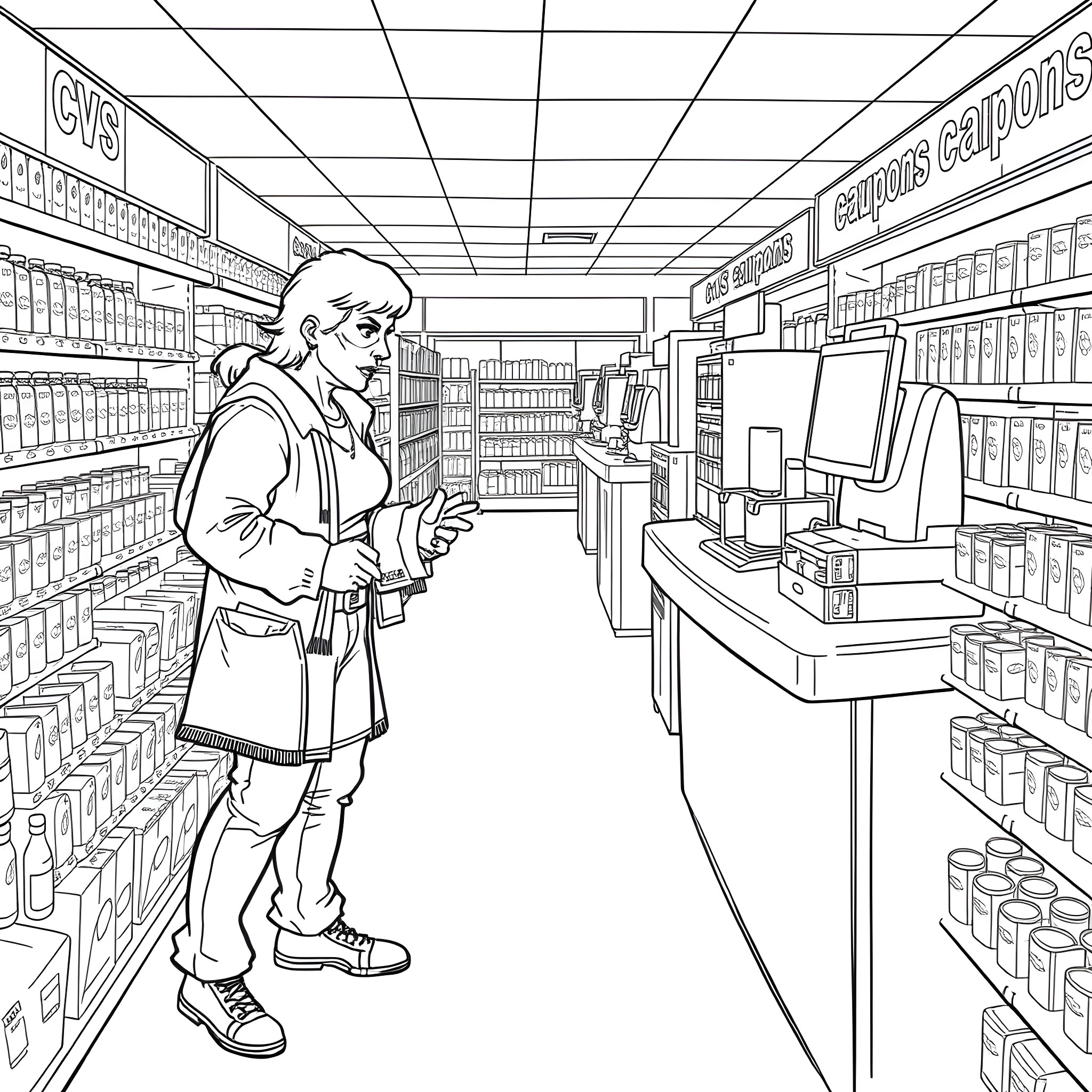 Customer shopping in a store aisle Coloring Page (free black-and-white line drawing printable PDF for all, from beginners to advanced learners, including children, teens, adults, and seniors)