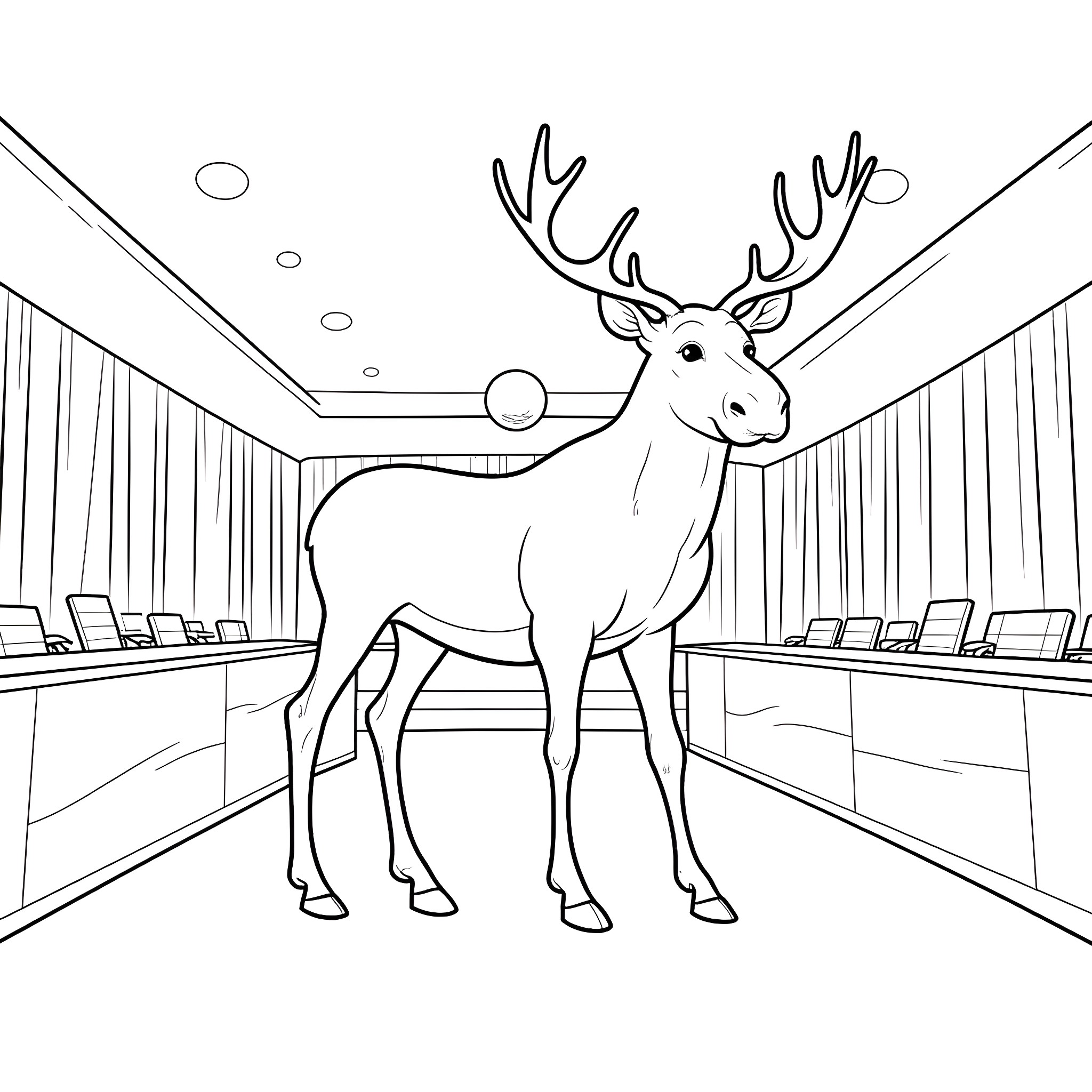 Moose standing majestically in conference room Coloring Page (free black-and-white line drawing printable PDF for all, from beginners to advanced learners, including children, teens, adults, and seniors)