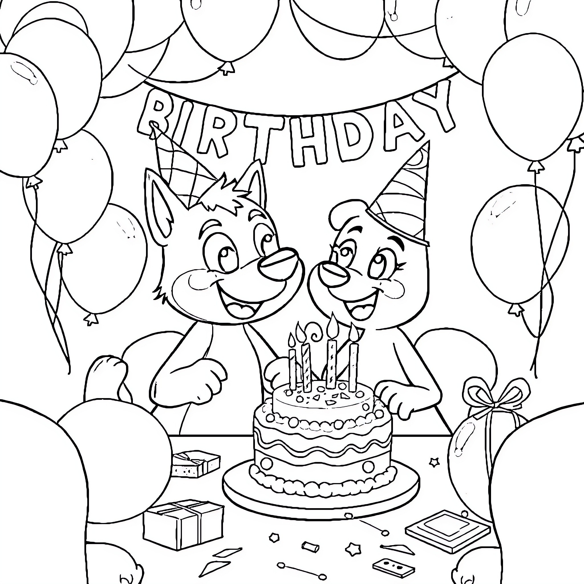 Bluey's Birthday Celebration with Friends Coloring Page (free black-and-white line drawing printable PDF for all, from beginners to advanced learners, including children, teens, adults, and seniors)