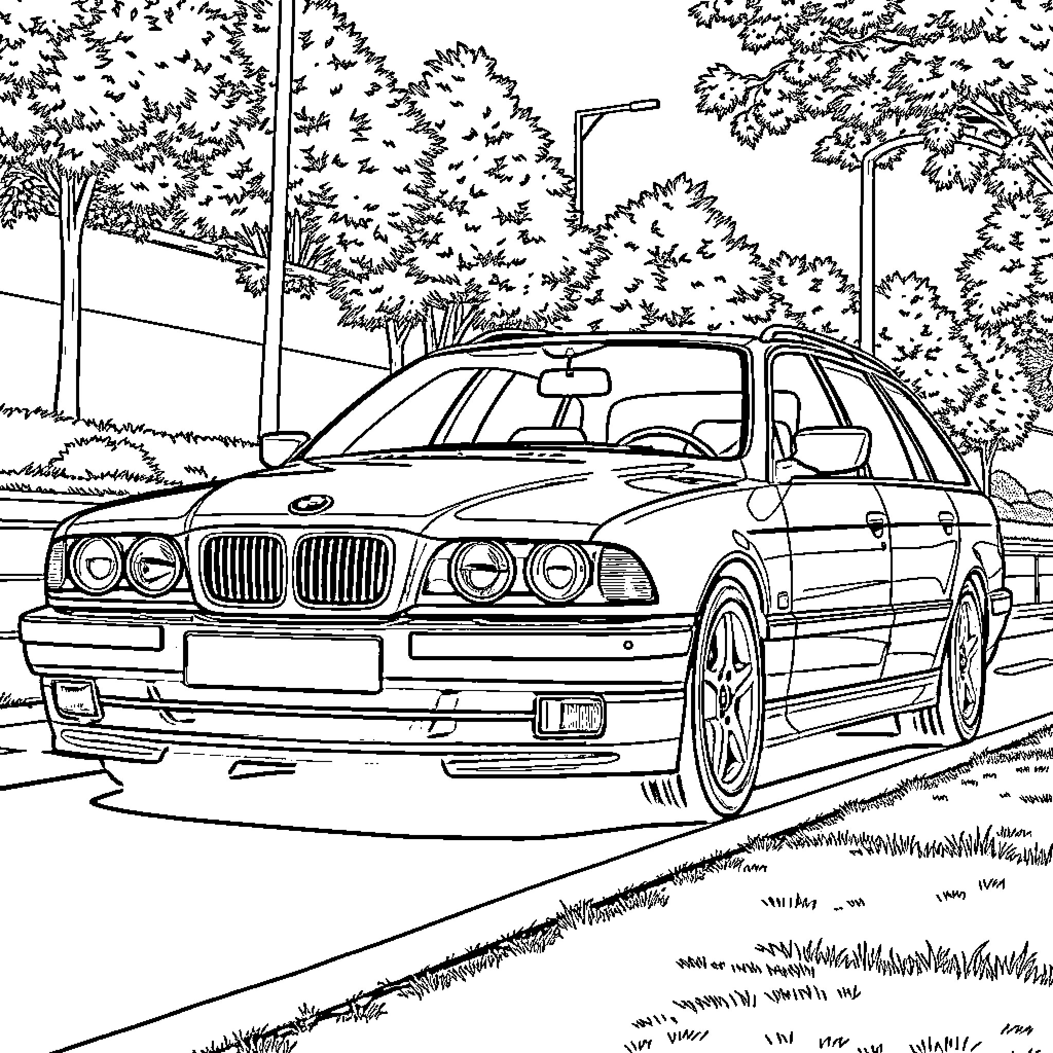 BMW Luxury Sedan on the Road in Nature Coloring Page (free black-and-white line drawing printable PDF for all, from beginners to advanced learners, including children, teens, adults, and seniors)