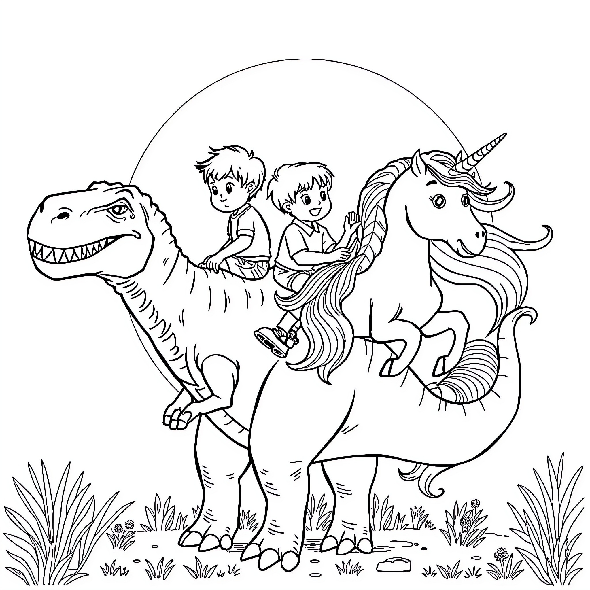 Boy riding unicorn and dinosaur in fantasy world Coloring Page (free black-and-white line drawing printable PDF for all, from beginners to advanced learners, including children, teens, adults, and seniors)