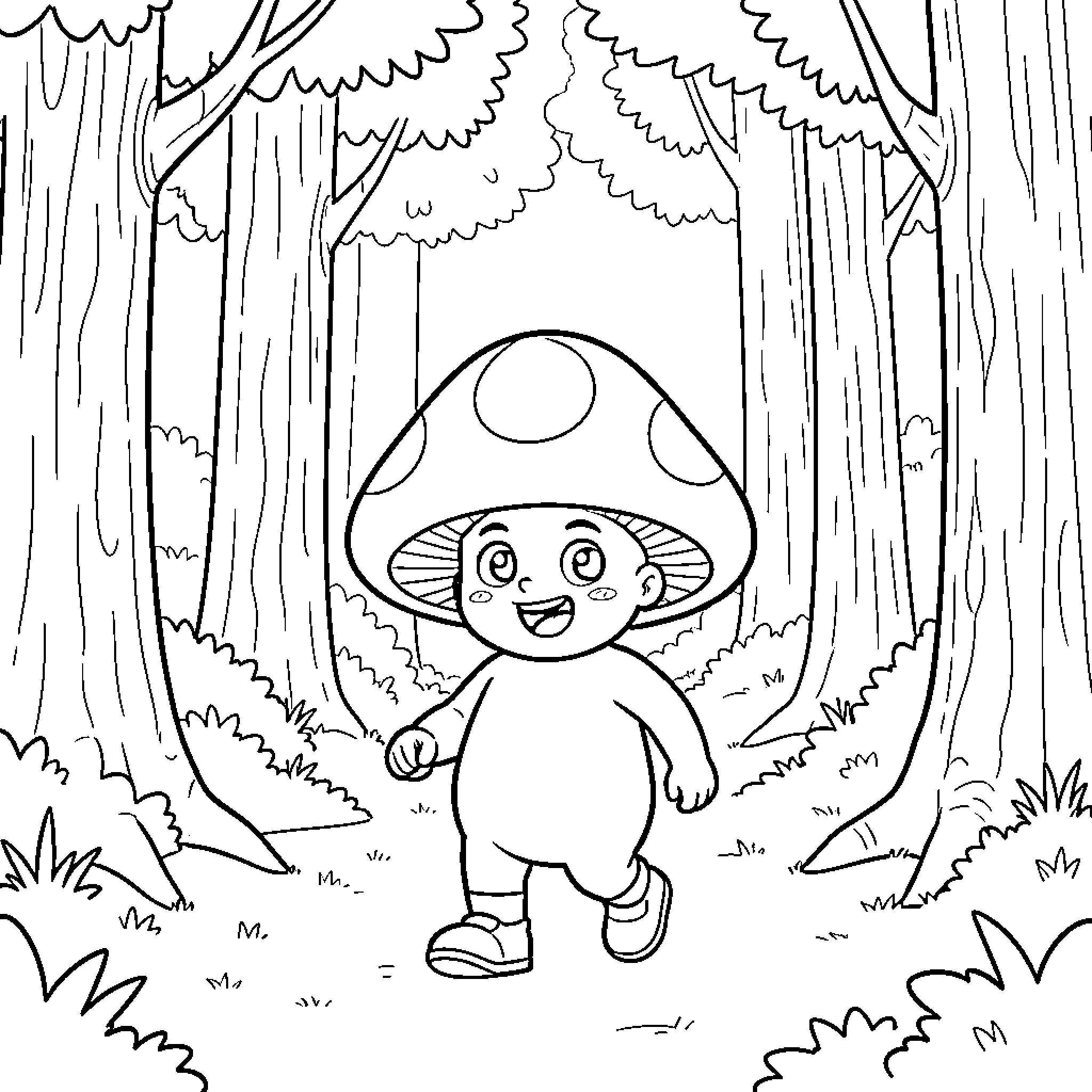 Mushroom person walking happily through a dense forest Coloring Page (free black-and-white line drawing printable PDF for all, from beginners to advanced learners, including children, teens, adults, and seniors)