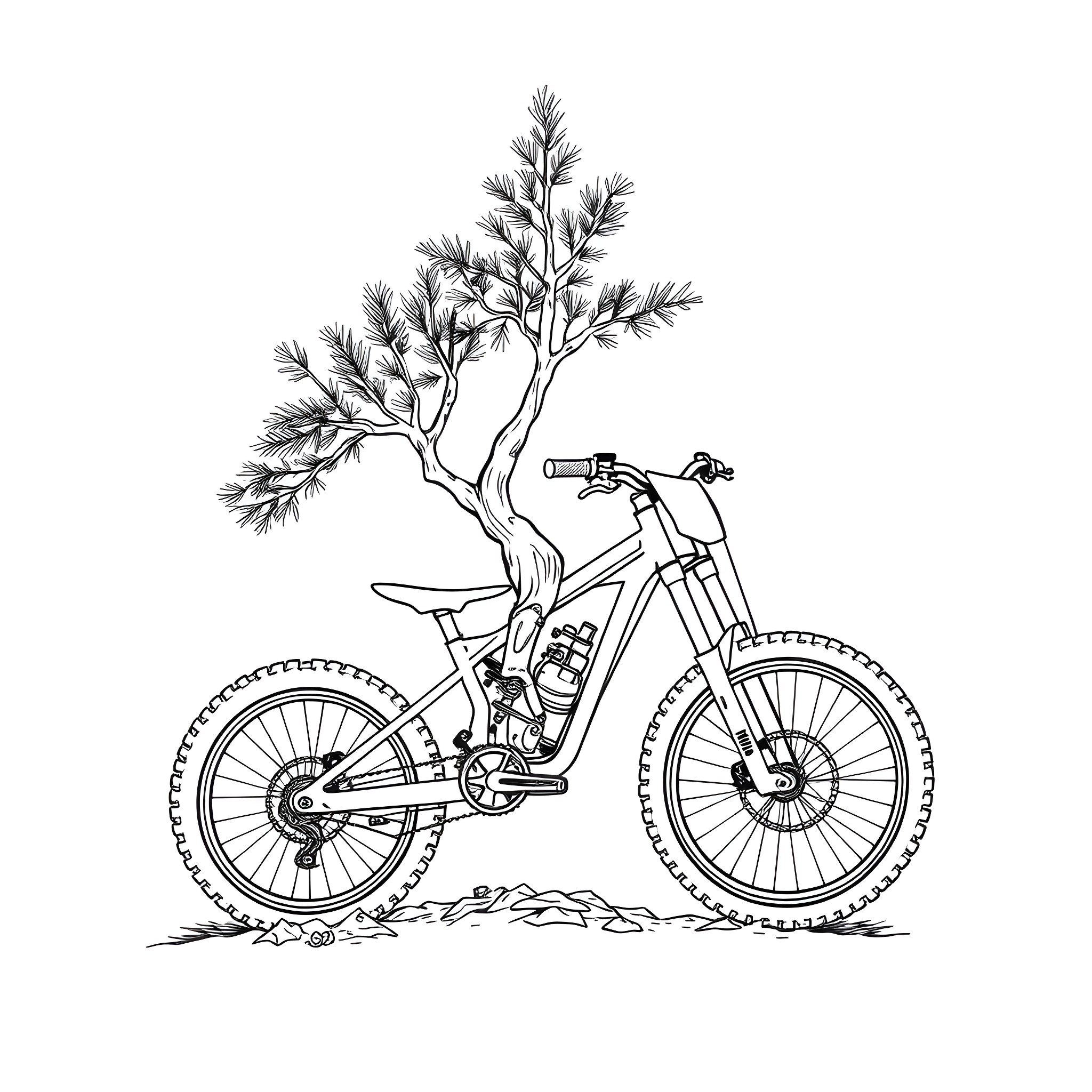 Tattoo of a bicycle with a tree growing from it Coloring Page (free black-and-white line drawing printable PDF for all, from beginners to advanced learners, including children, teens, adults, and seniors)