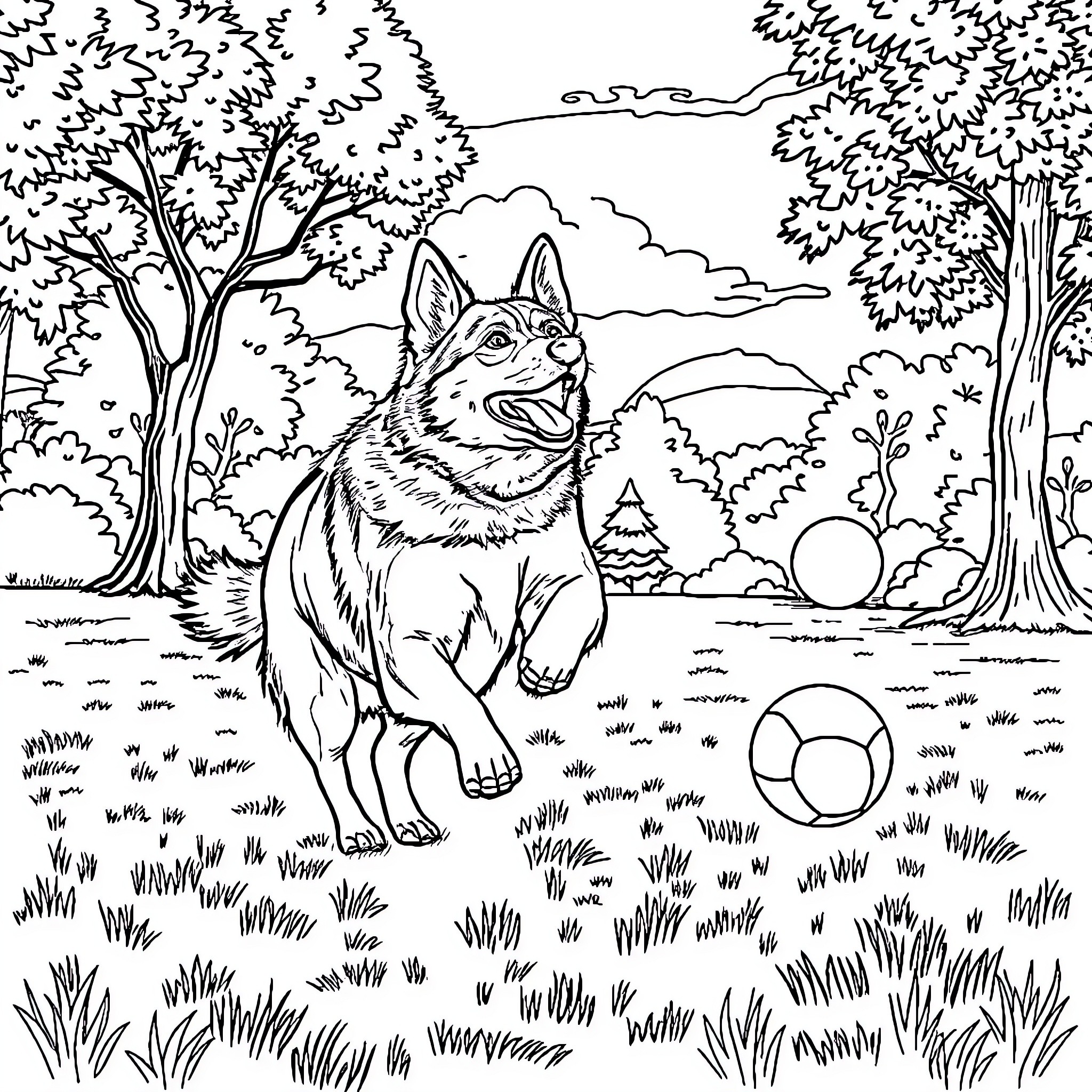 Dog playing with ball in lush forest landscape Coloring Page (free black-and-white line drawing printable PDF for all, from beginners to advanced learners, including children, teens, adults, and seniors)