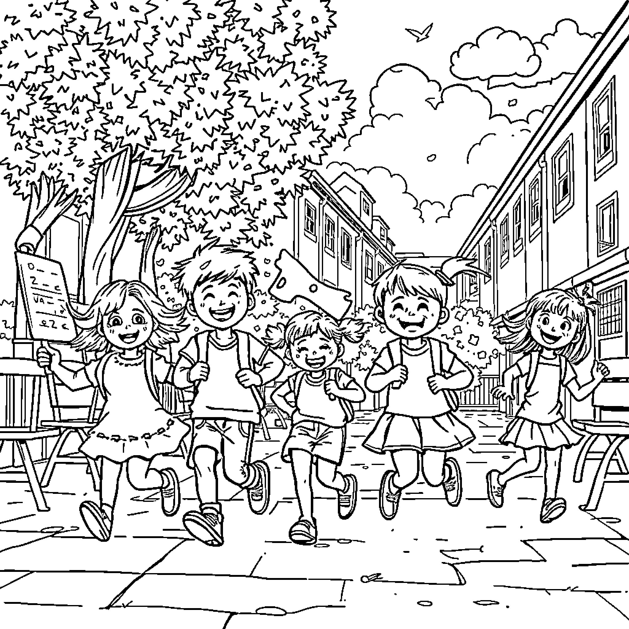 Enfant playing and exploring in the schoolyard Coloring Page (free black-and-white line drawing printable PDF for all, from beginners to advanced learners, including children, teens, adults, and seniors)