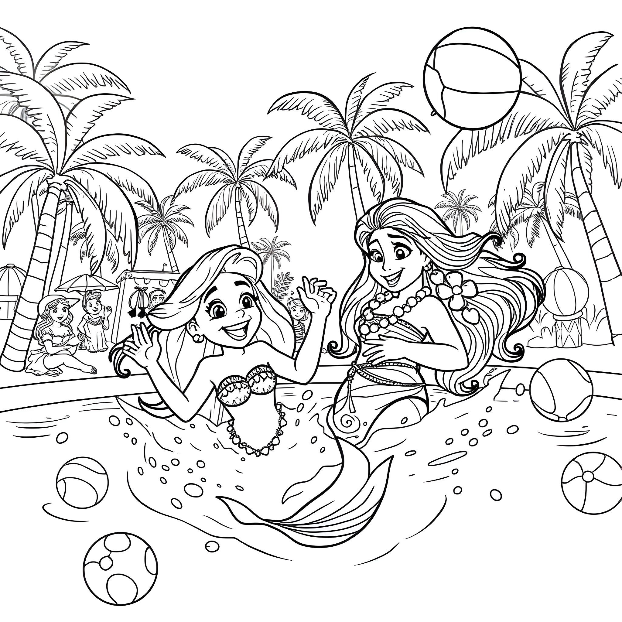 Ariel and Flounder playing in the tropical ocean Coloring Page (free black-and-white line drawing printable PDF for all, from beginners to advanced learners, including children, teens, adults, and seniors)