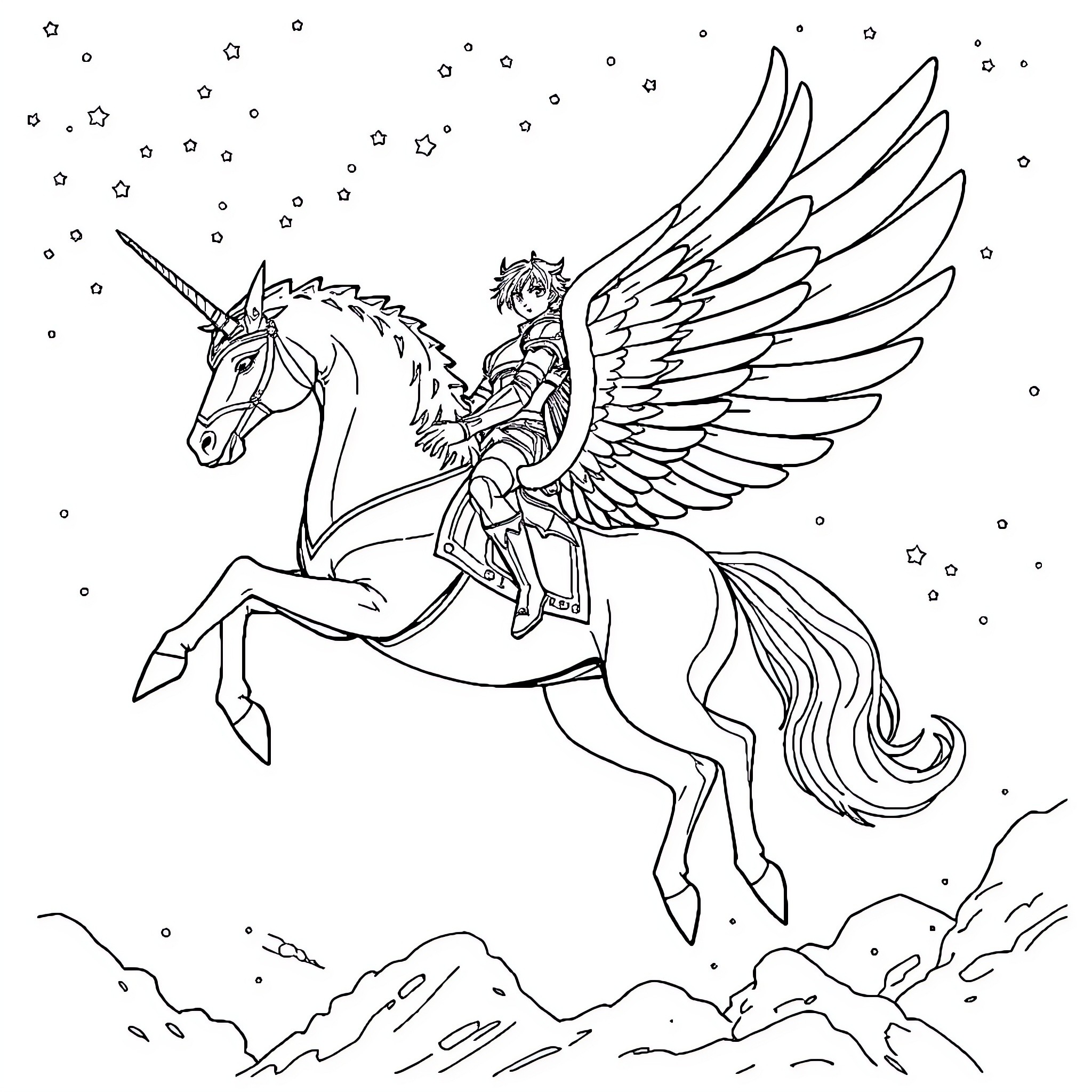 Caballero riding a winged unicorn in the starry sky Coloring Page (free black-and-white line drawing printable PDF for all, from beginners to advanced learners, including children, teens, adults, and seniors)