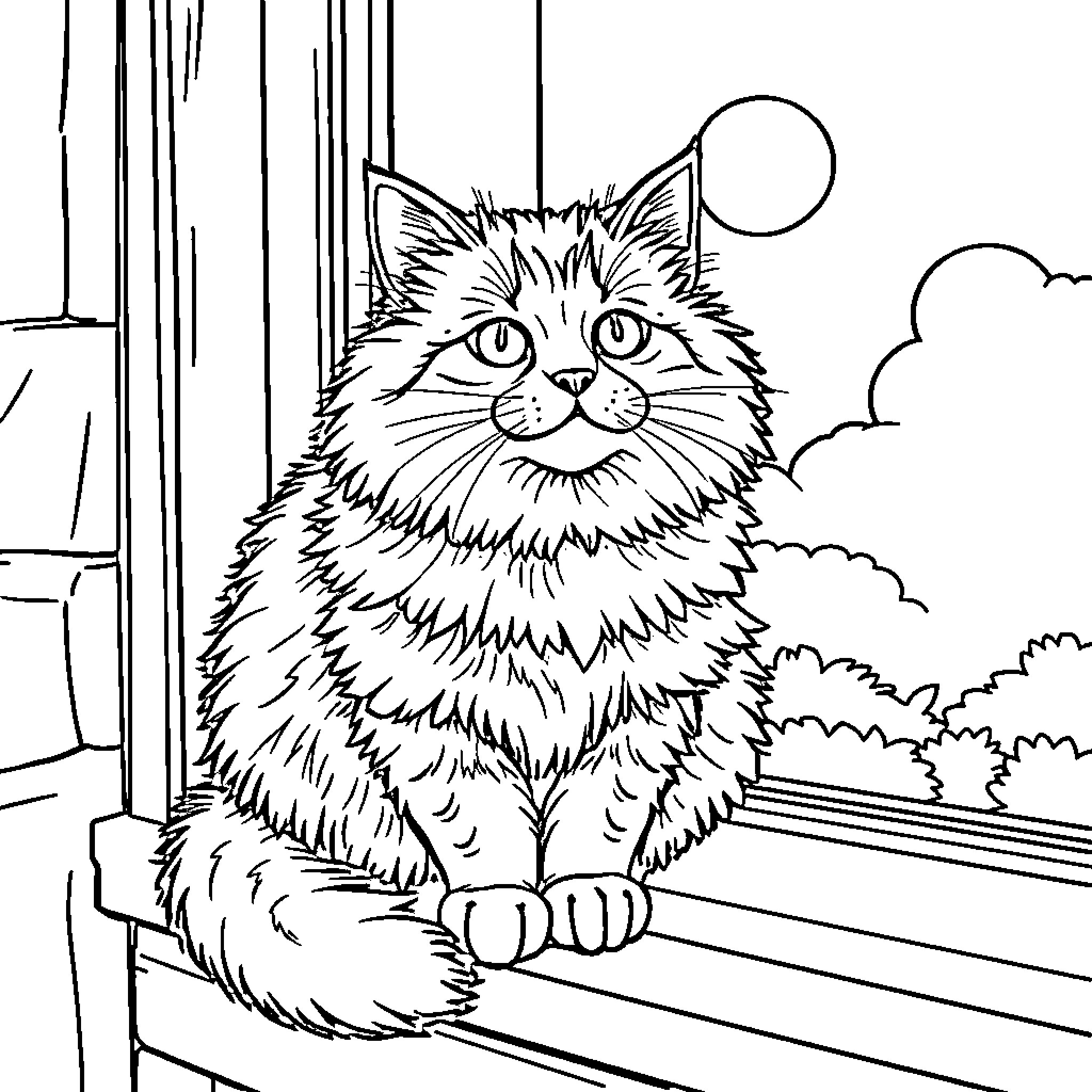 Cat resting on windowsill with scenic view Coloring Page (free black-and-white line drawing printable PDF for all, from beginners to advanced learners, including children, teens, adults, and seniors)