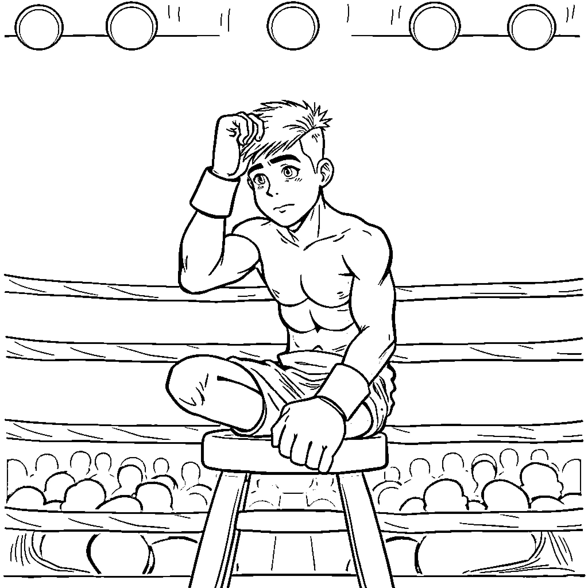 Boxer resting on stool in the ring Coloring Page (free black-and-white line drawing printable PDF for all, from beginners to advanced learners, including children, teens, adults, and seniors)