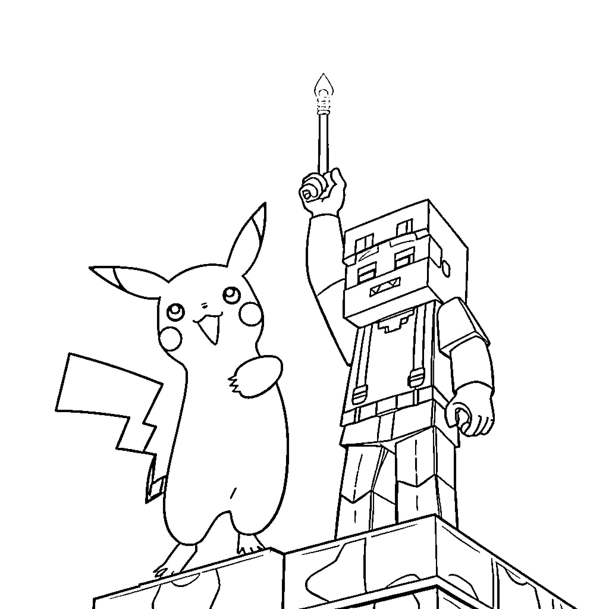 Pikachu painting a giant robot in the city Coloring Page (free black-and-white line drawing printable PDF for all, from beginners to advanced learners, including children, teens, adults, and seniors)