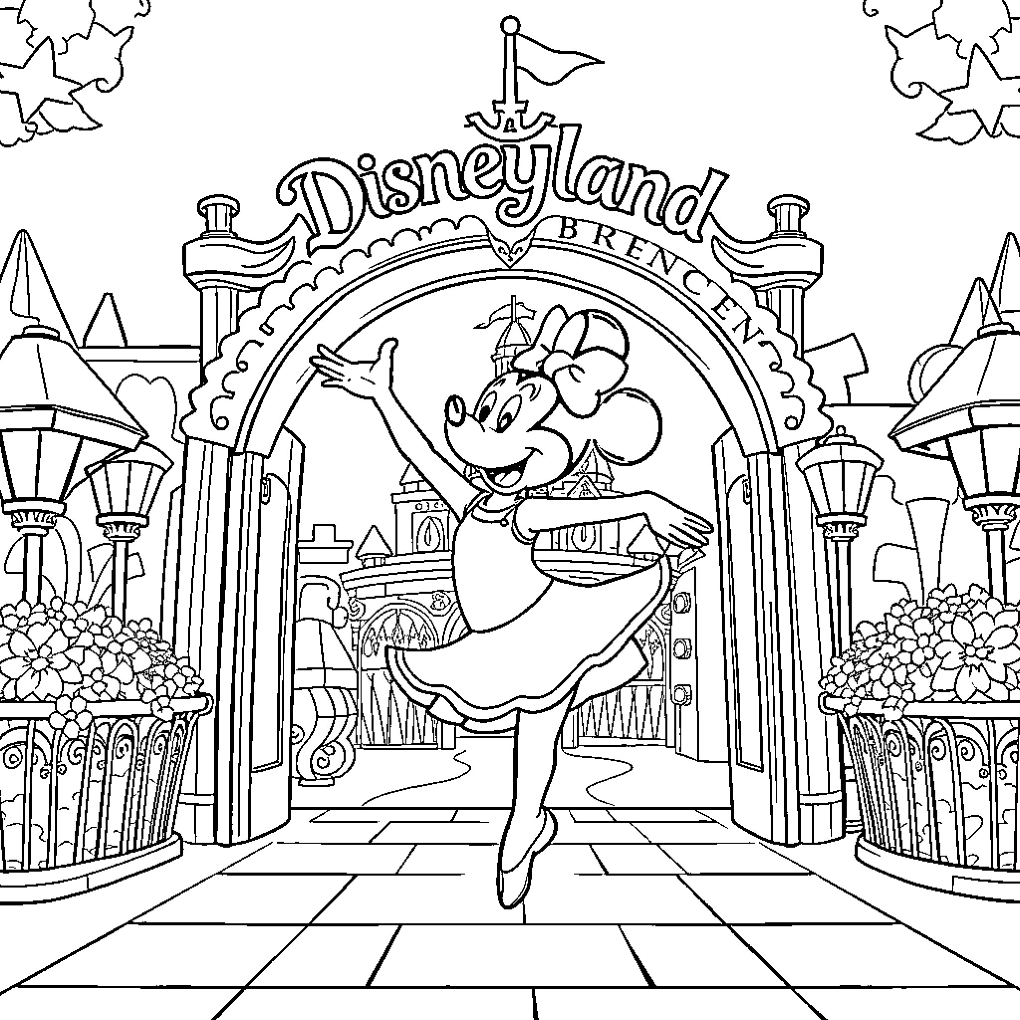 Rumi dancing cheerfully at the Disneyland entrance Coloring Page (free black-and-white line drawing printable PDF for all, from beginners to advanced learners, including children, teens, adults, and seniors)