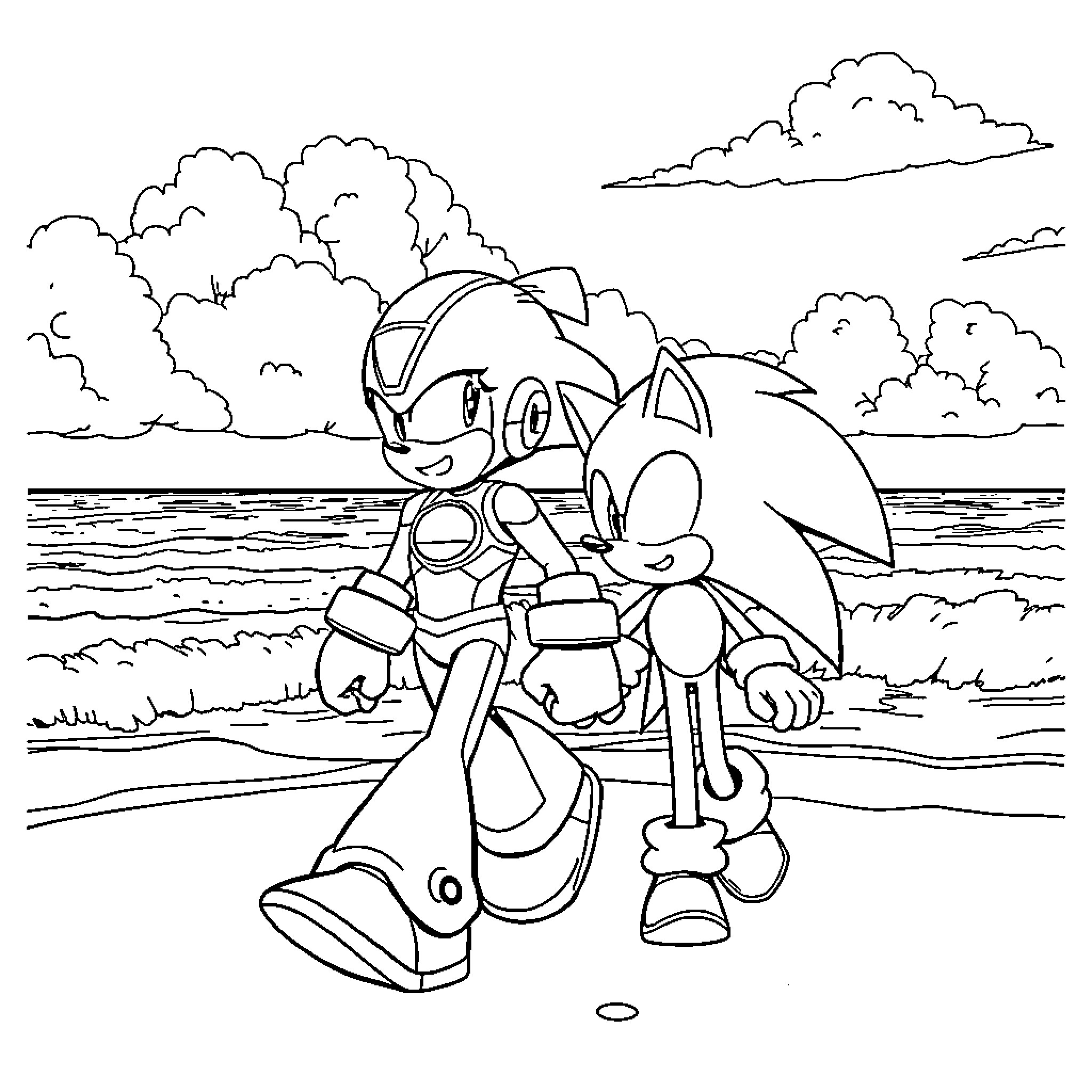 Mega Man and Sonic exploring the beach Coloring Page (free black-and-white line drawing printable PDF for all, from beginners to advanced learners, including children, teens, adults, and seniors)