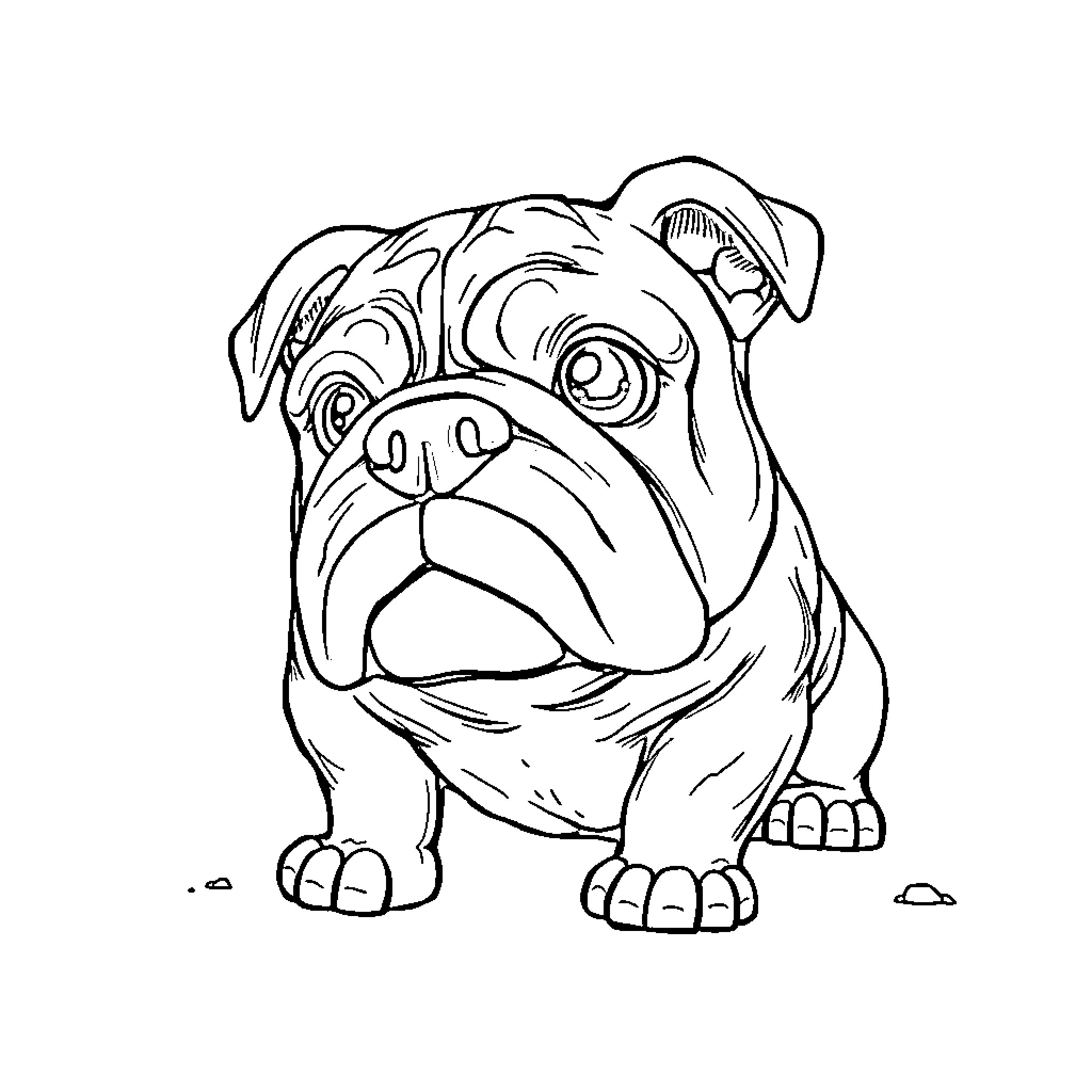 Bulldog in a curious expression Coloring Page (free black-and-white line drawing printable PDF for all, from beginners to advanced learners, including children, teens, adults, and seniors)