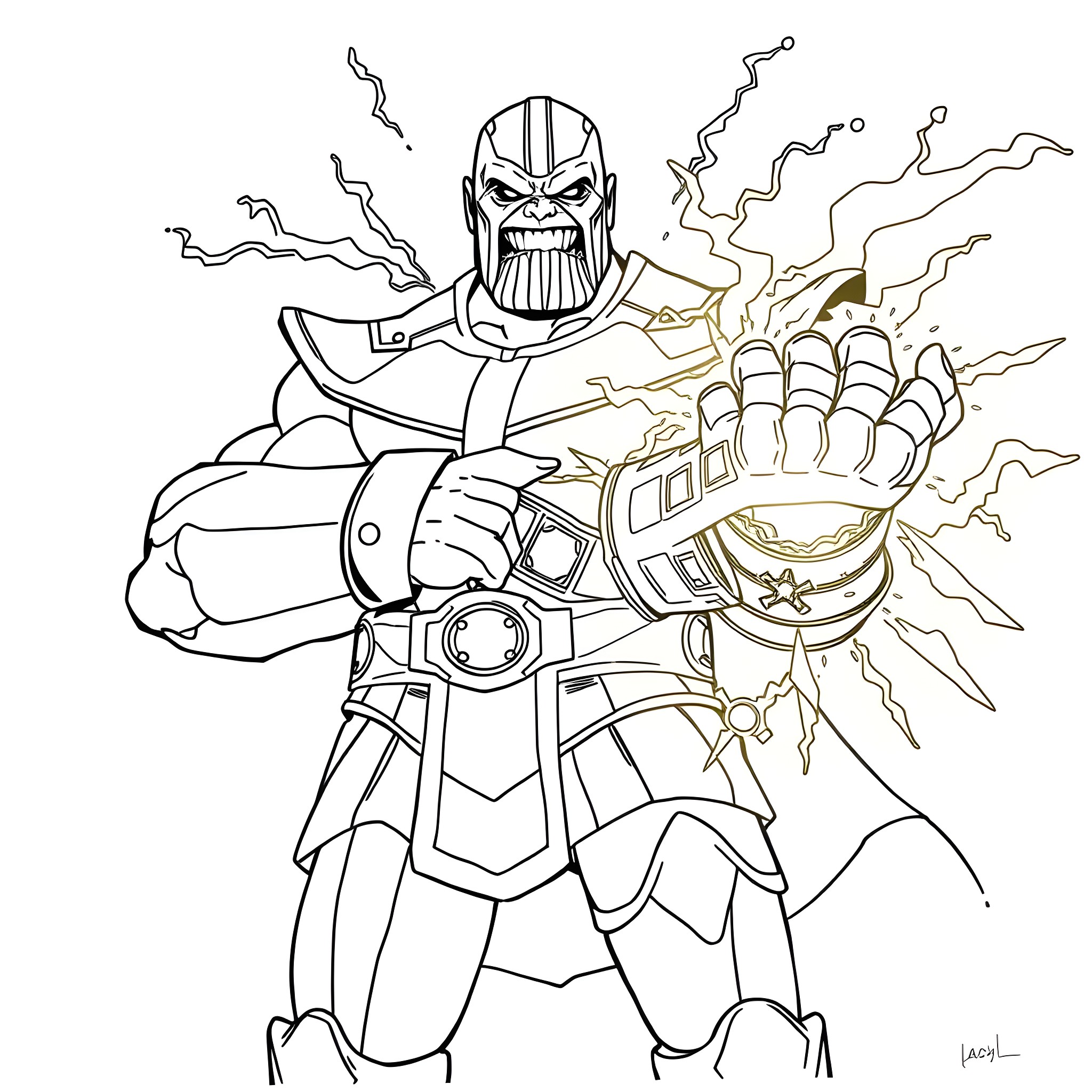 Thanos unleashing his immense power Coloring Page (free black-and-white line drawing printable PDF for all, from beginners to advanced learners, including children, teens, adults, and seniors)