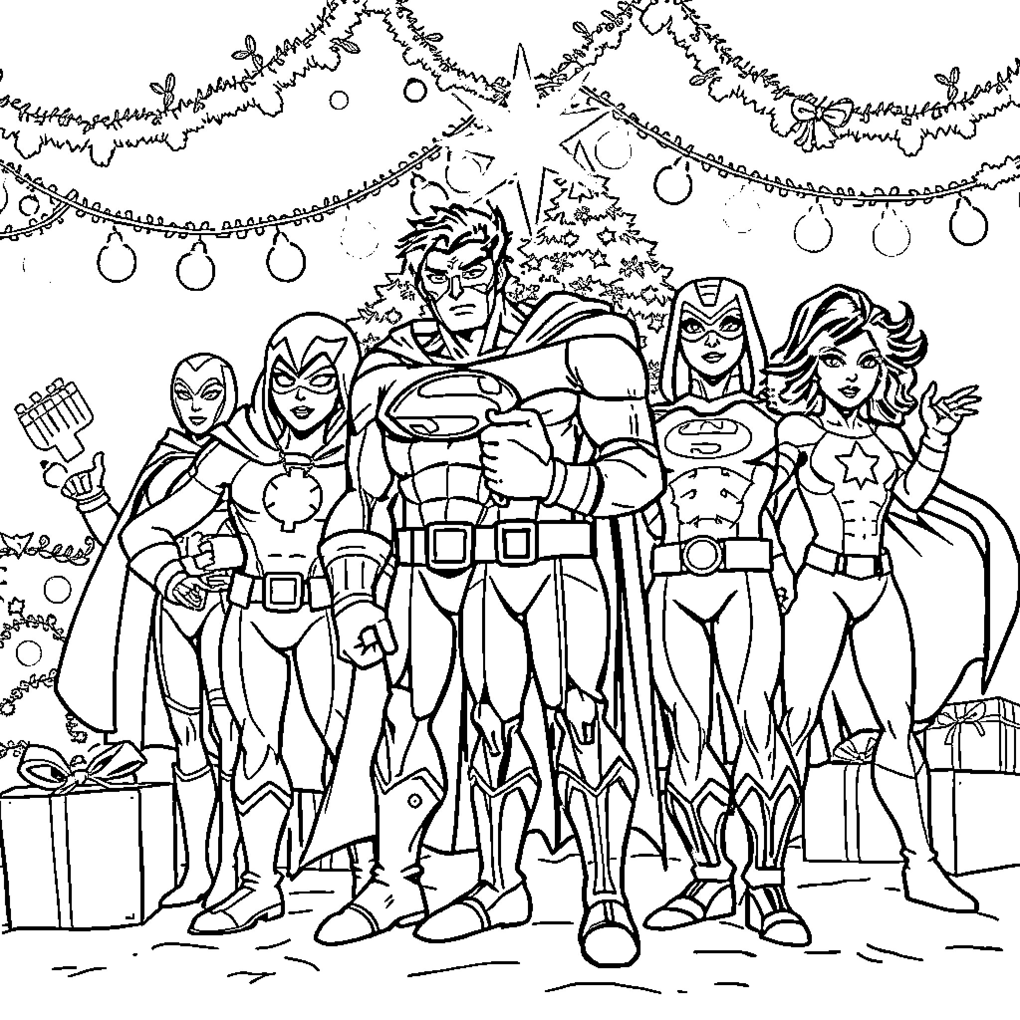 Superhero Team Celebrating the Holidays Coloring Page (free black-and-white line drawing printable PDF for all, from beginners to advanced learners, including children, teens, adults, and seniors)