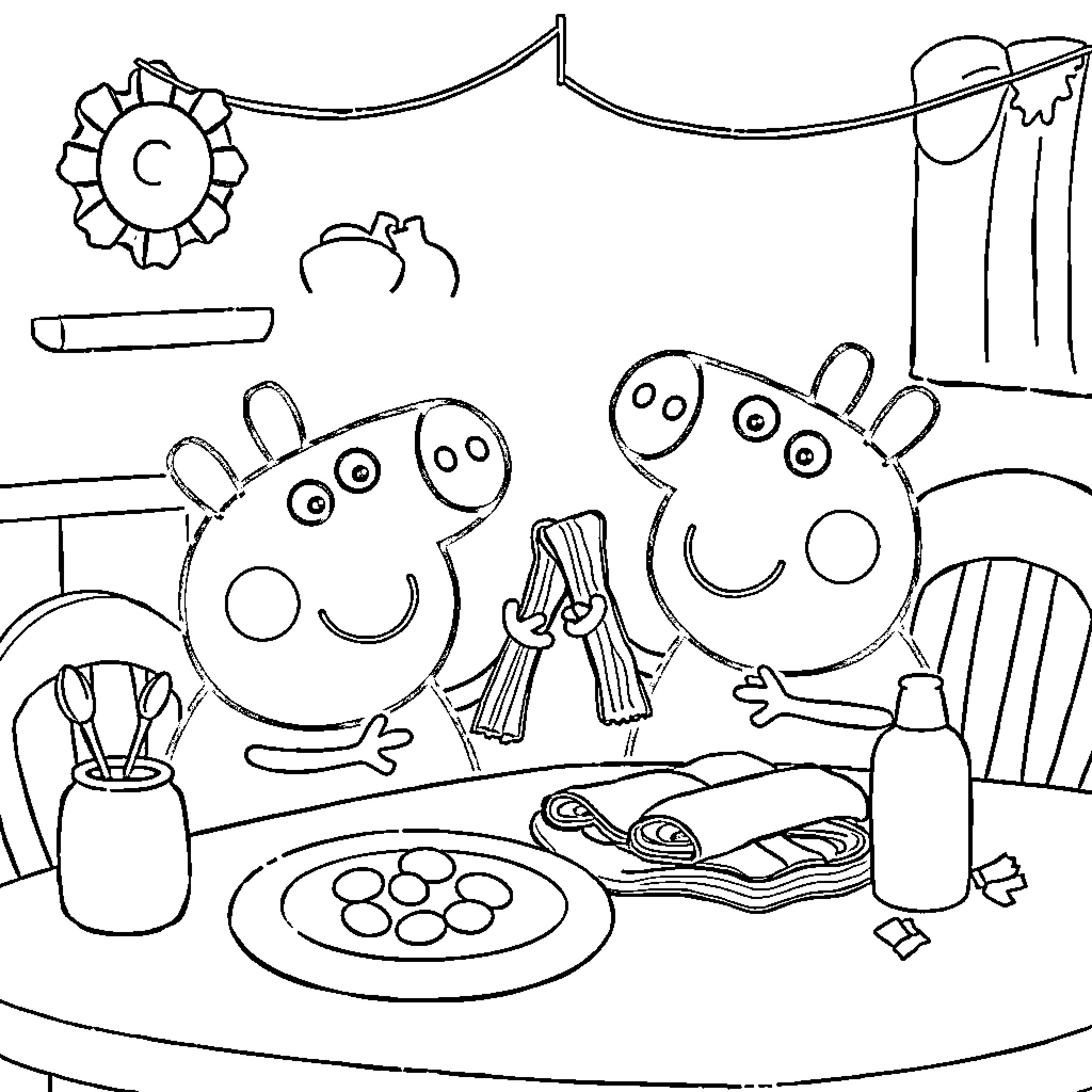 Peppa Pig and her family having a meal together Coloring Page (free black-and-white line drawing printable PDF for all, from beginners to advanced learners, including children, teens, adults, and seniors)