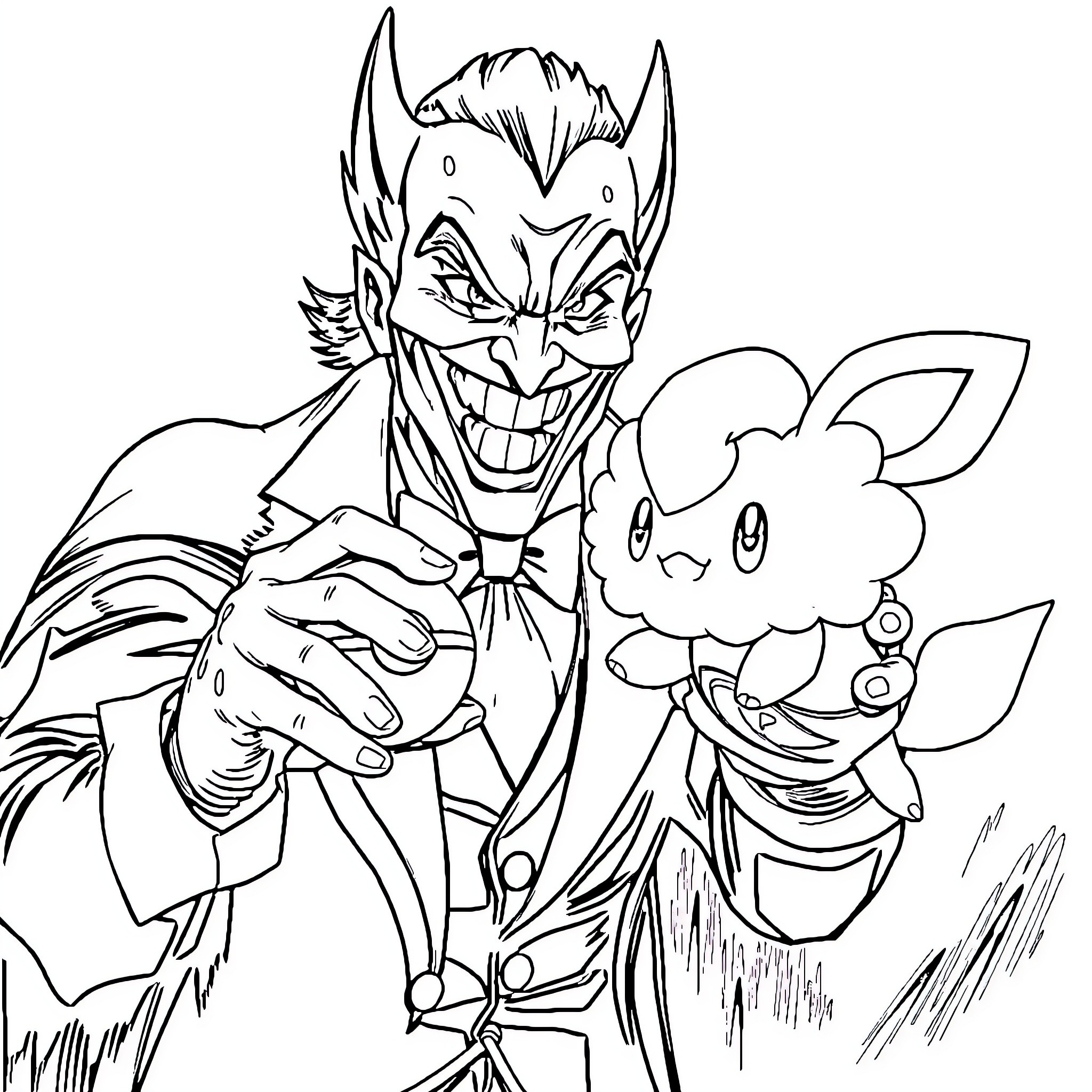 Joker character in mischievous pose with playful creature Coloring Page (free black-and-white line drawing printable PDF for all, from beginners to advanced learners, including children, teens, adults, and seniors)