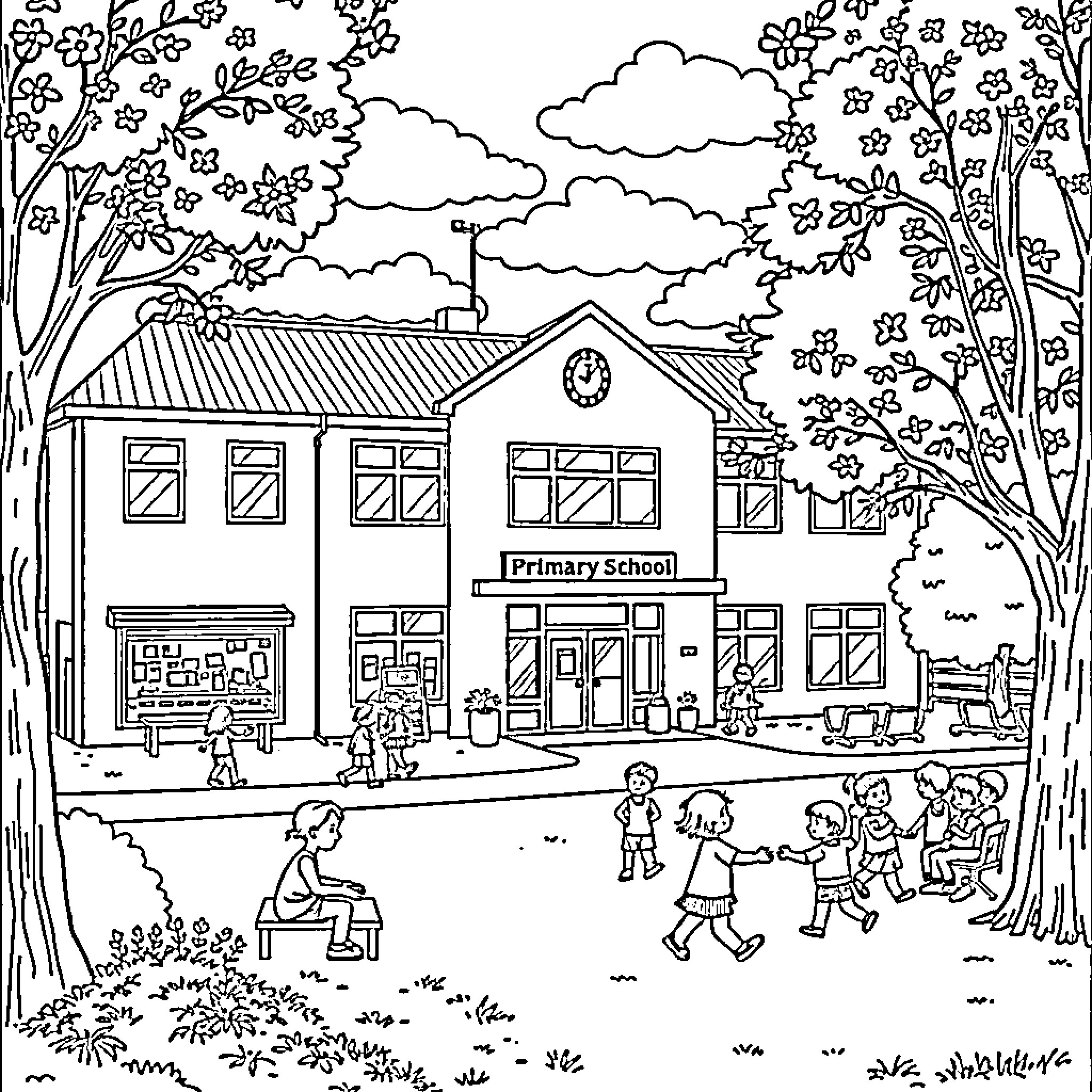 School Students Playing and Studying Outdoors Coloring Page (free black-and-white line drawing printable PDF for all, from beginners to advanced learners, including children, teens, adults, and seniors)