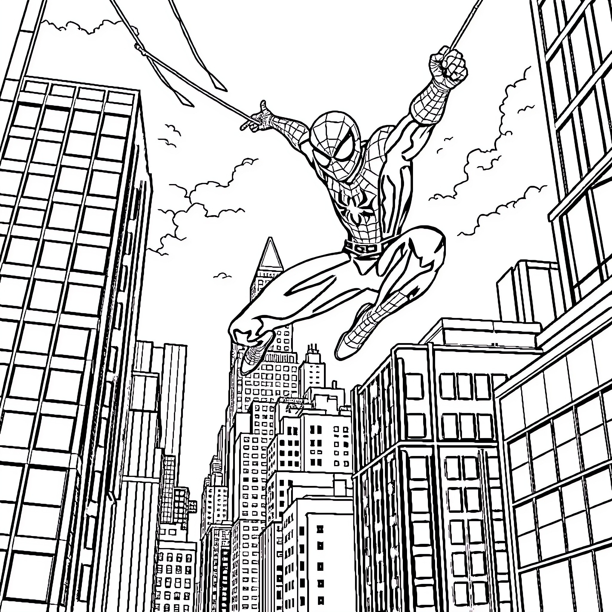 Spiderman swinging through the city with heroic action Coloring Page (free black-and-white line drawing printable PDF for all, from beginners to advanced learners, including children, teens, adults, and seniors)