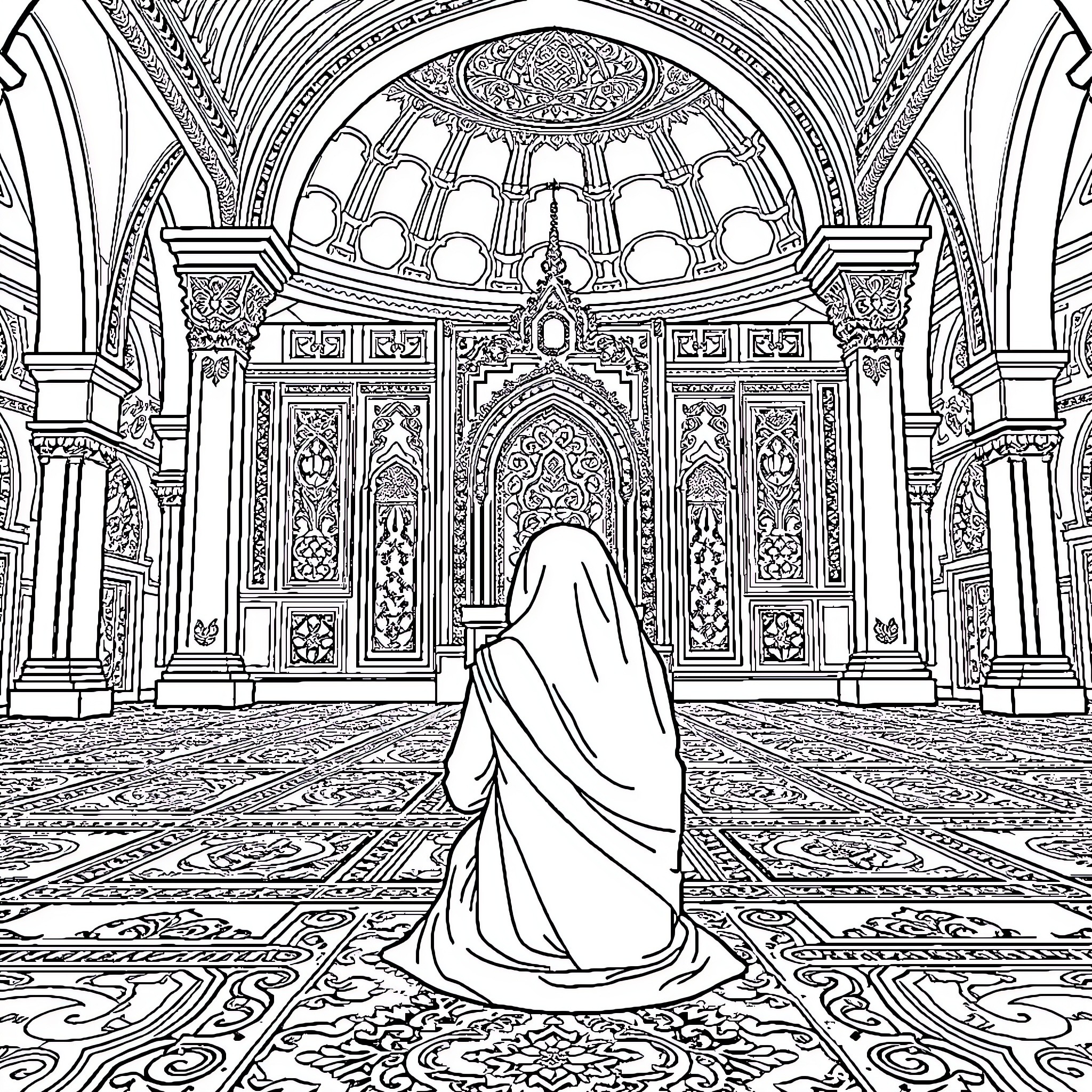 Muslima Praying in Ornate Mosque Interior Coloring Page (free black-and-white line drawing printable PDF for all, from beginners to advanced learners, including children, teens, adults, and seniors)