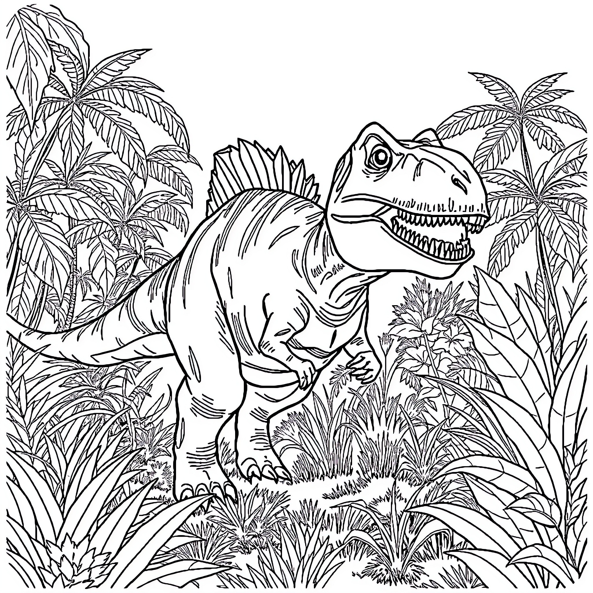 Dinosaur exploring lush prehistoric jungle Coloring Page (free black-and-white line drawing printable PDF for all, from beginners to advanced learners, including children, teens, adults, and seniors)