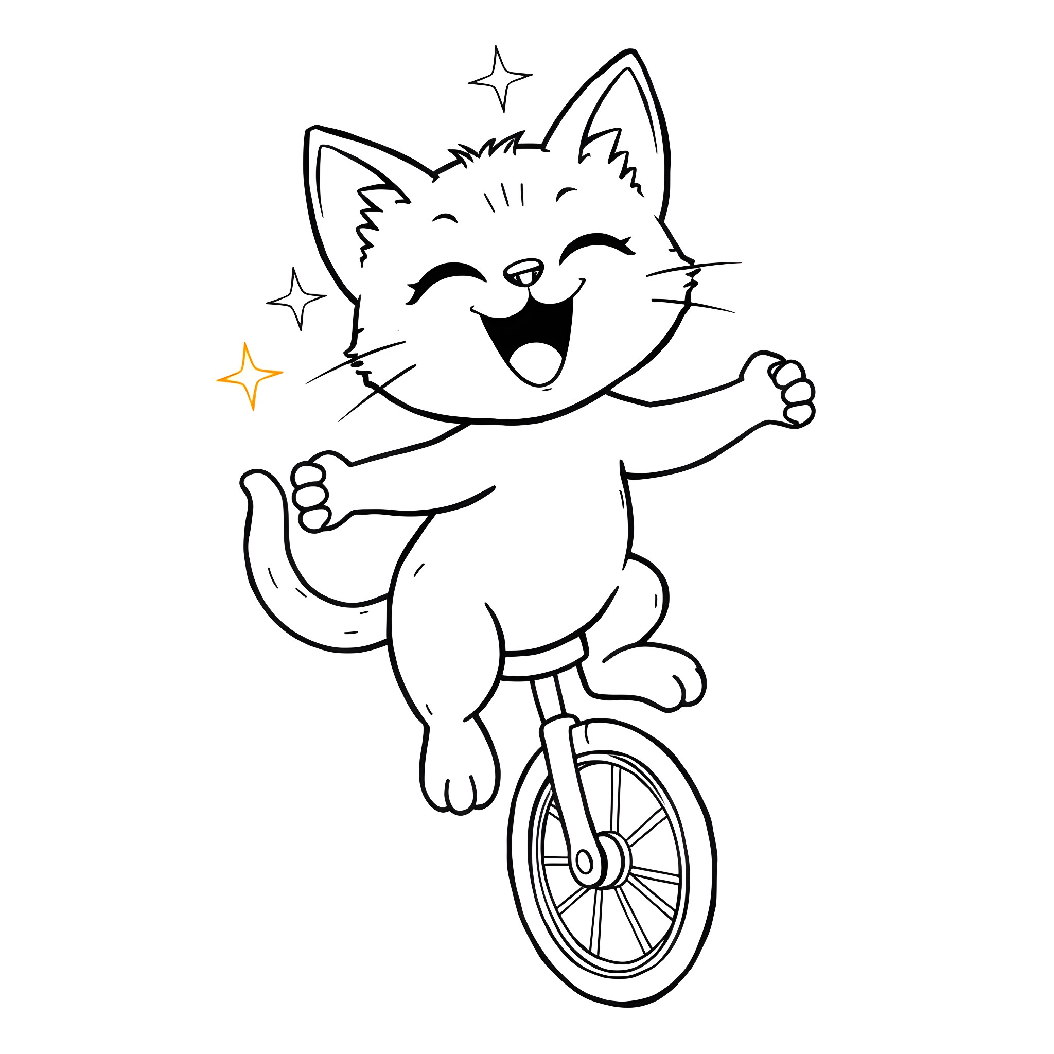 Cat riding a unicycle with stars Coloring Page (free black-and-white line drawing printable PDF for all, from beginners to advanced learners, including children, teens, adults, and seniors)