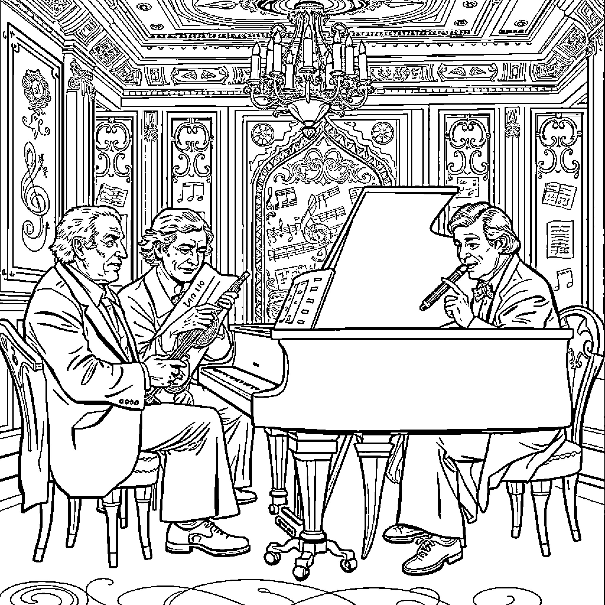 Compositor Men Performing Music in Ornate Chamber Coloring Page (free black-and-white line drawing printable PDF for all, from beginners to advanced learners, including children, teens, adults, and seniors)