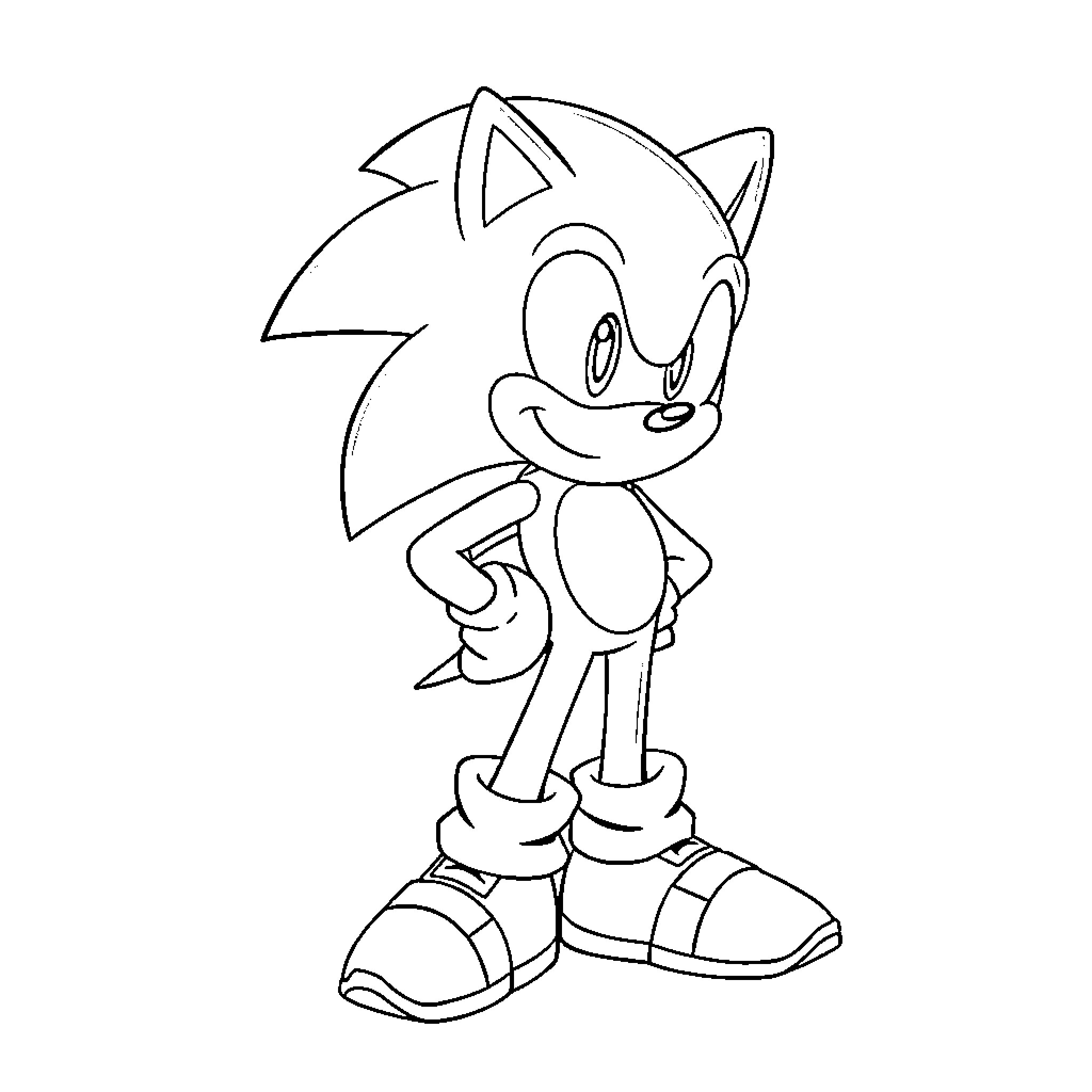 Sonic the Hedgehog in cheerful pose Coloring Page (free black-and-white line drawing printable PDF for all, from beginners to advanced learners, including children, teens, adults, and seniors)