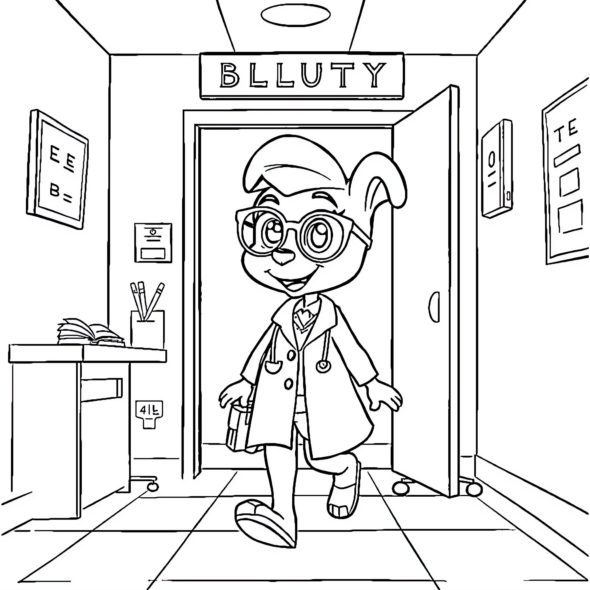 Bluey the Enthusiastic Doctor Exploring the Hospital Coloring Page (free black-and-white line drawing printable PDF for all, from beginners to advanced learners, including children, teens, adults, and seniors)