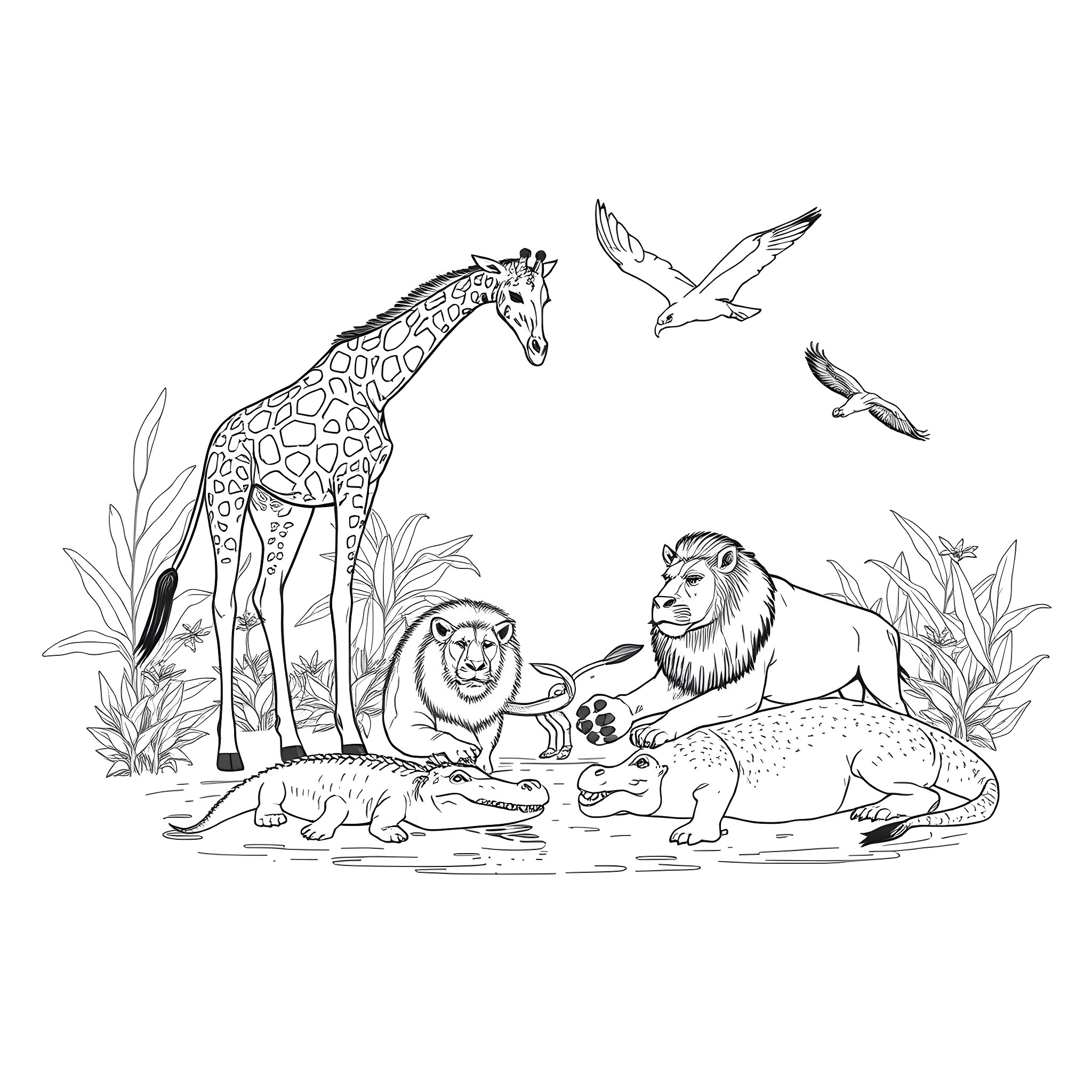 Animal Encounter in the Wild Landscape Coloring Page (free black-and-white line drawing printable PDF for all, from beginners to advanced learners, including children, teens, adults, and seniors)