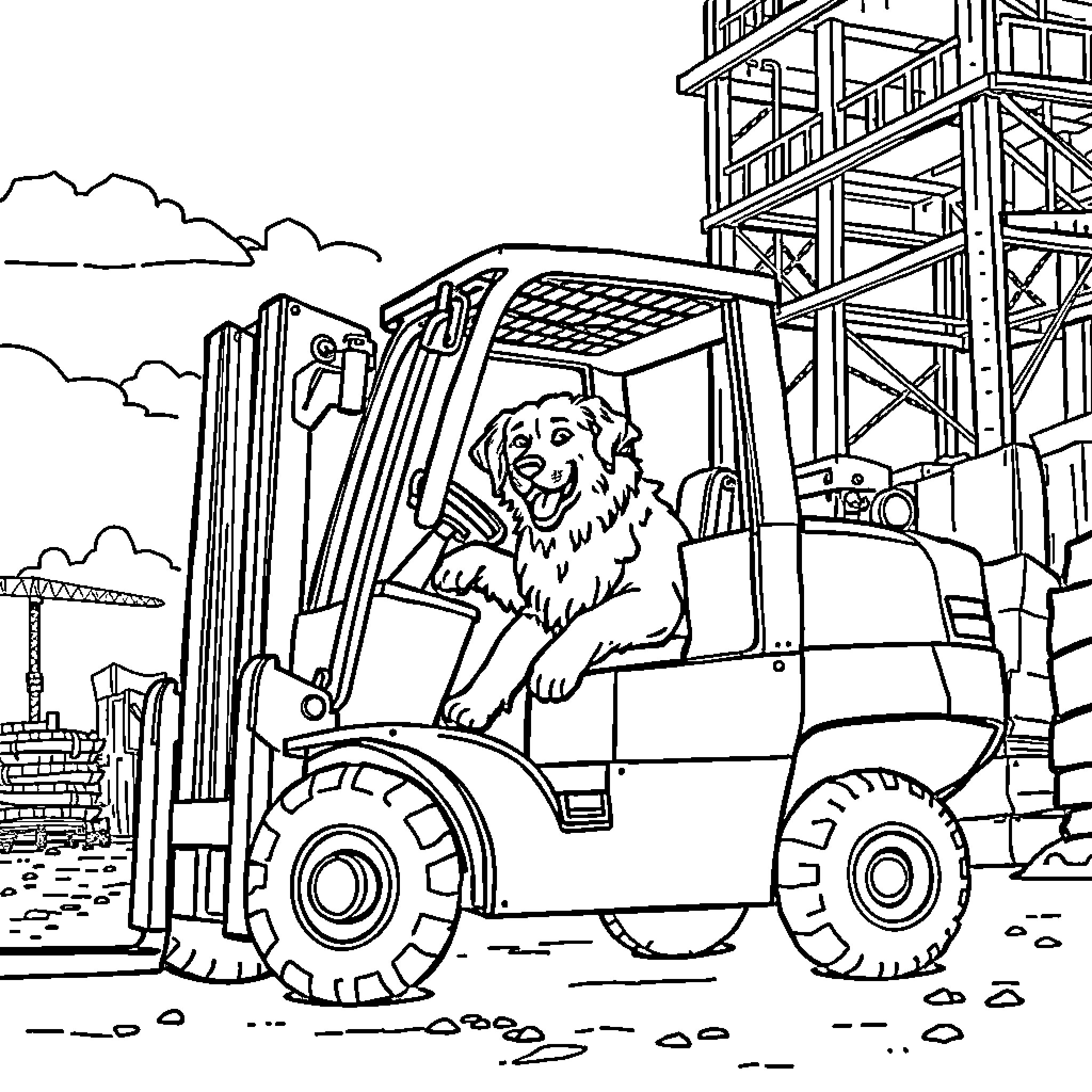 Golden Retriever operating forklift at construction site Coloring Page (free black-and-white line drawing printable PDF for all, from beginners to advanced learners, including children, teens, adults, and seniors)