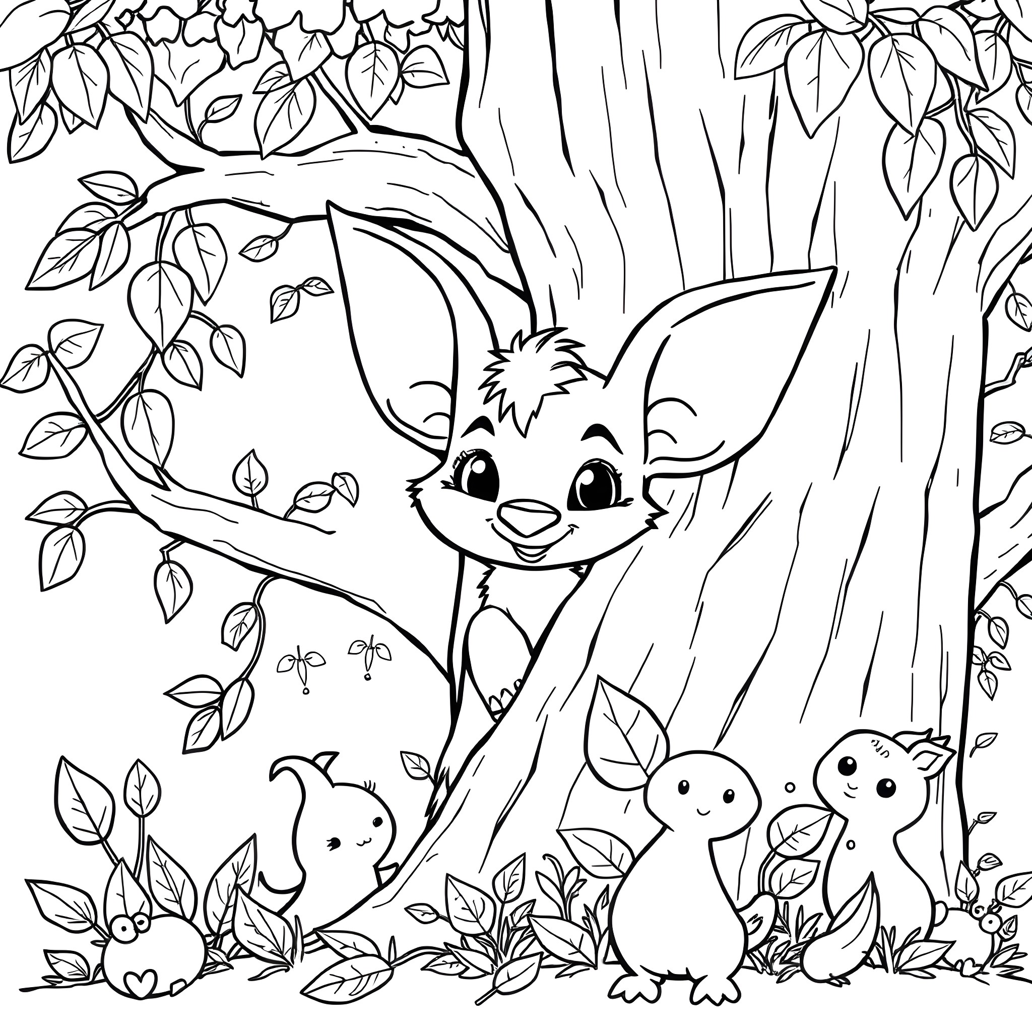 Labubu's Curious Forest Adventure Coloring Page (free black-and-white line drawing printable PDF for all, from beginners to advanced learners, including children, teens, adults, and seniors)