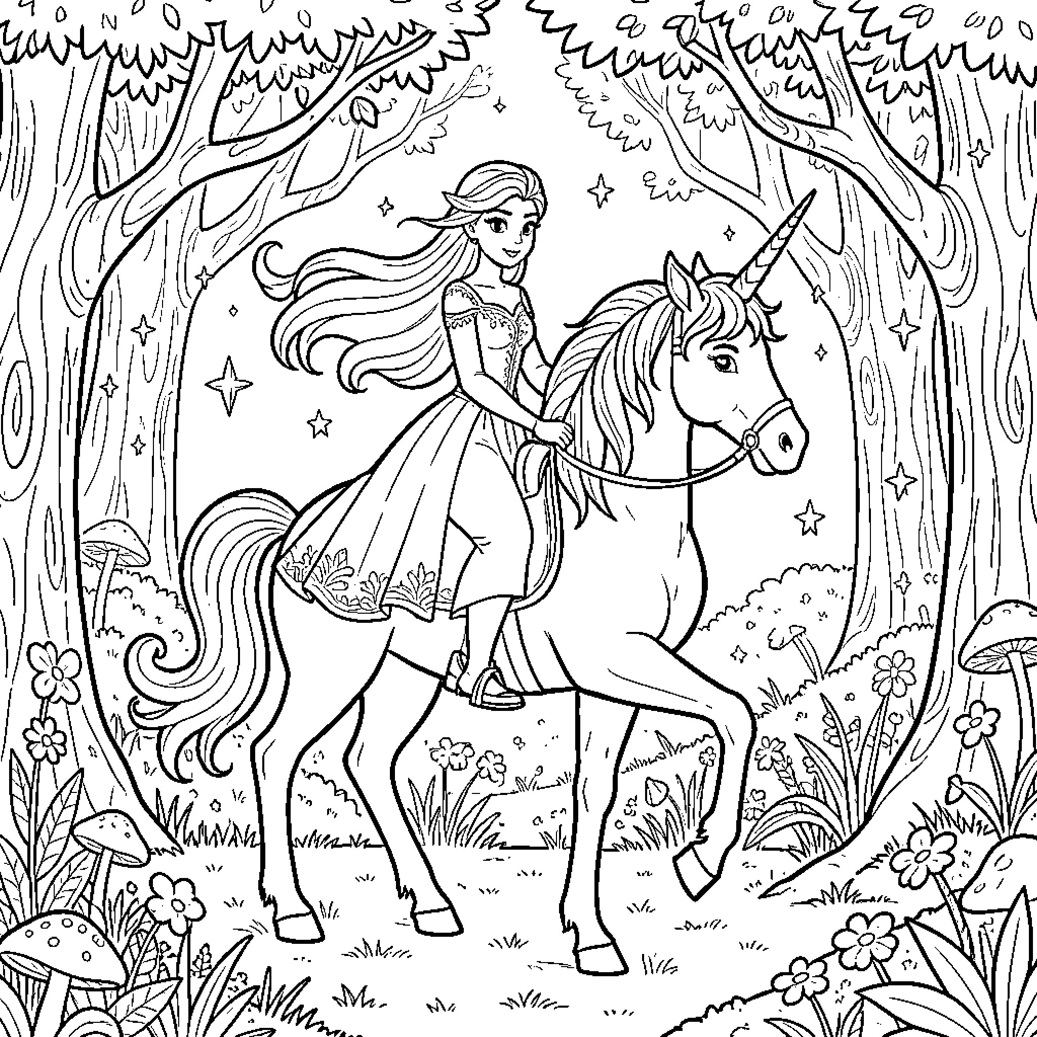 Elsa riding a unicorn through a magical forest Coloring Page (free black-and-white line drawing printable PDF for all, from beginners to advanced learners, including children, teens, adults, and seniors)