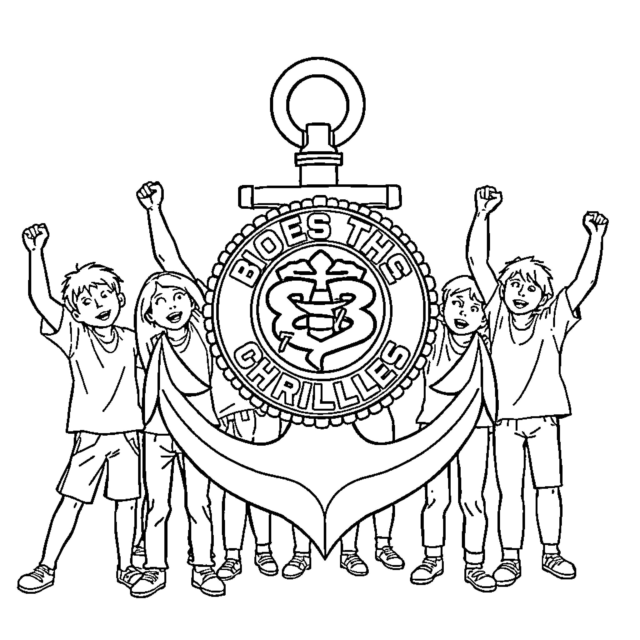 Anchor Celebrating Cheer with Cheerleaders Coloring Page (free black-and-white line drawing printable PDF for all, from beginners to advanced learners, including children, teens, adults, and seniors)