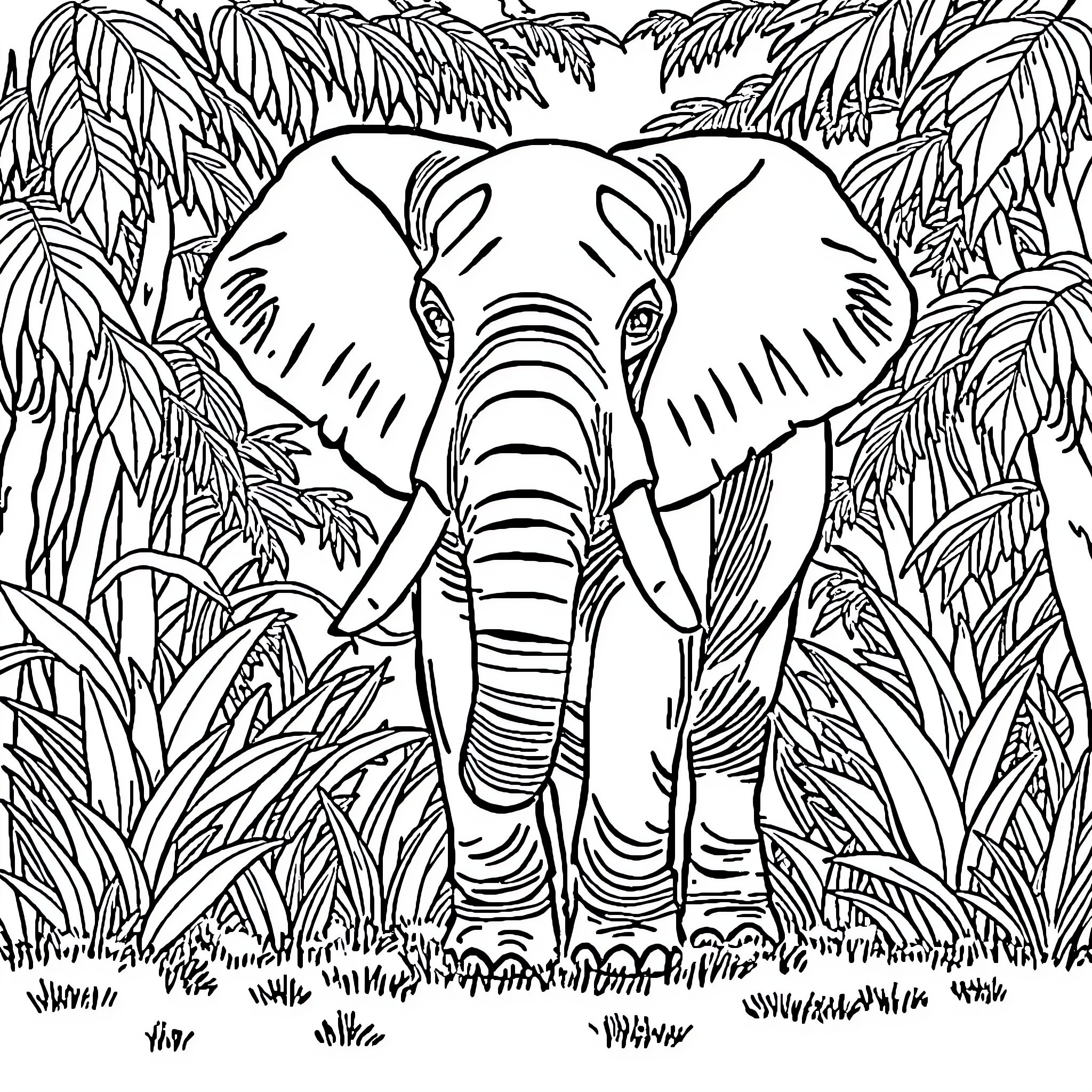 Elephant standing amidst lush vegetation Coloring Page (free black-and-white line drawing printable PDF for all, from beginners to advanced learners, including children, teens, adults, and seniors)